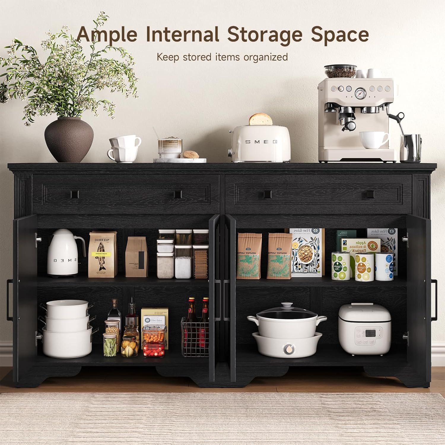 Interior view of the sideboard cabinet showing ample storage space with items organized on shelves