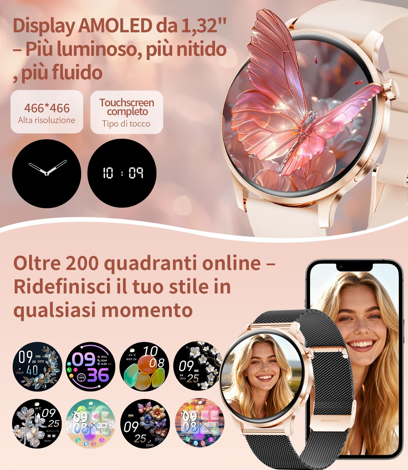 Smartwatch Donna, Display AMOLED 1,32" Ultra-sottile, Chiamate Bluetooth, IP68 Impermeabile, 116 Modalità Sport, Monitoraggio del Ciclo/Frequenza Cardiaca e Sonno, 2 Cinturini e 2 Cavi Inclusi，FV23-G