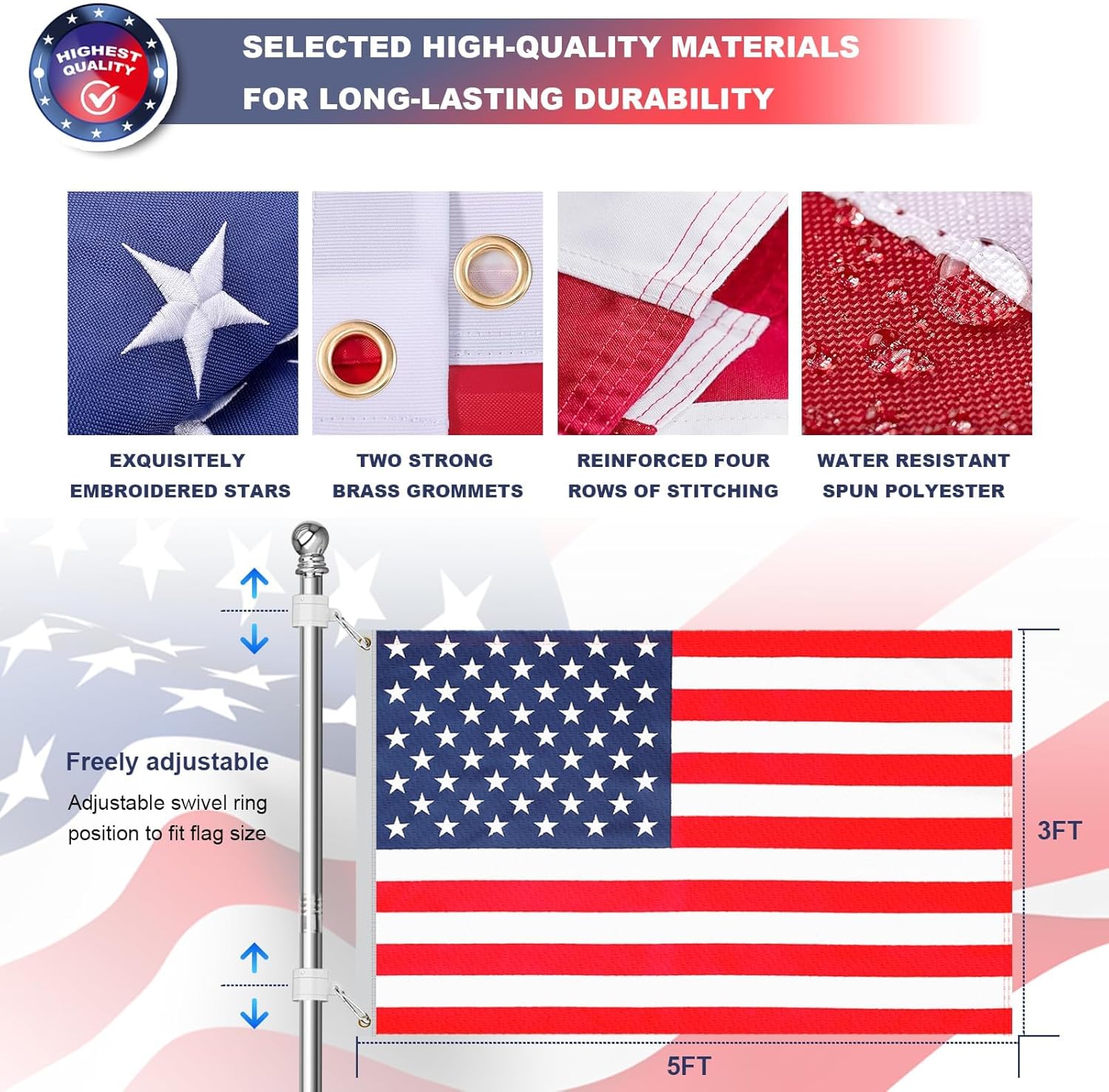 Silver 6ft American Flag Pole Kit with Solar Light for Outside House, Outdoor Tangle Free Metal Flagpole with Holder Bracket, 3x5 Foot Embroidered Flags, 13 LEDs Light Solar Powered, Work 10+Hours