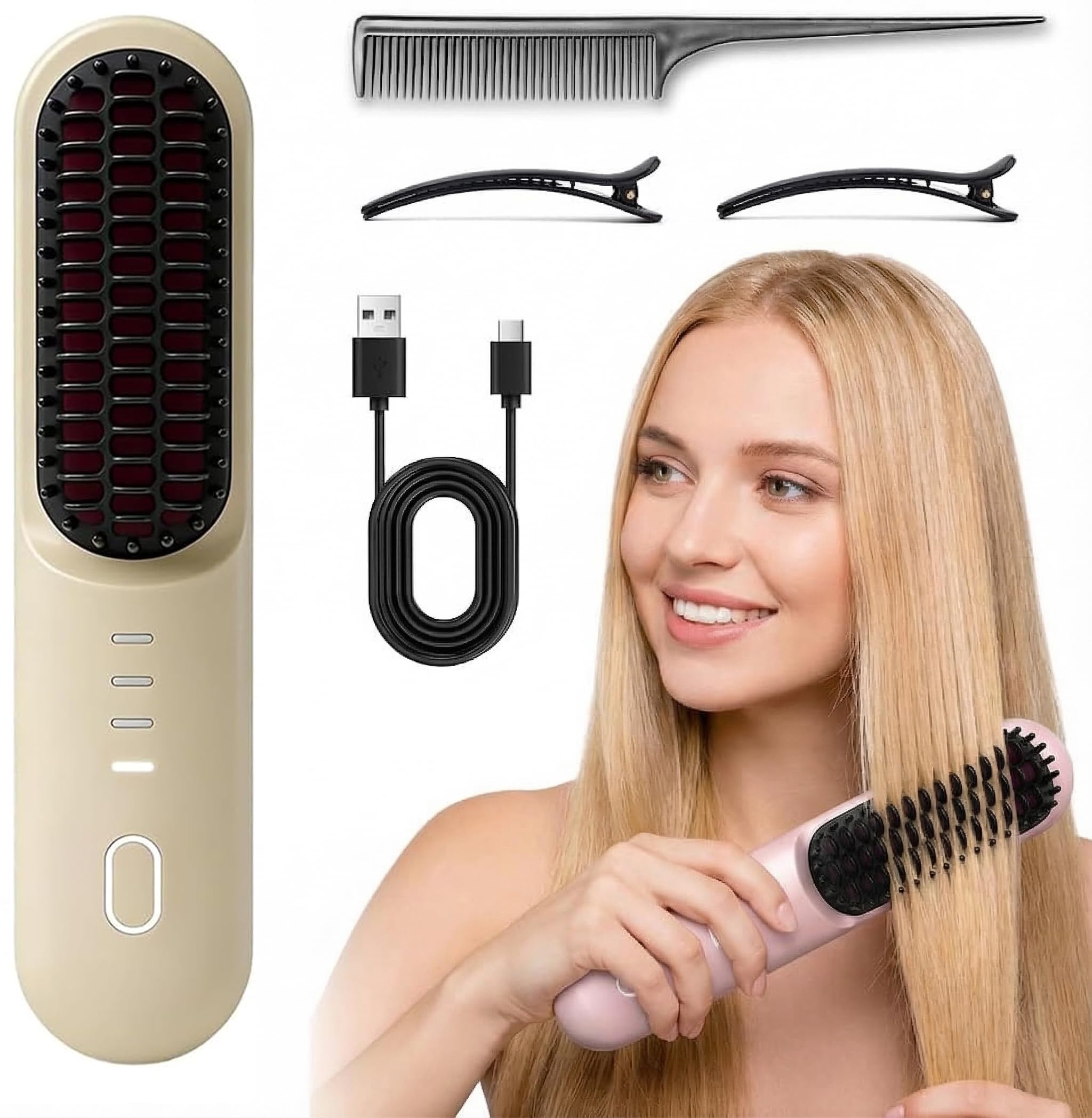 Go Brush - Pro for Short Hair - 2026 Upgraded Cordless Straightening Brush with 30s Fast Heat, 4 Temperature Settings, Ionic & Ceramic Care, 4000mAh USB-C Rechargeable for Frizz-Free Styling (Beige)