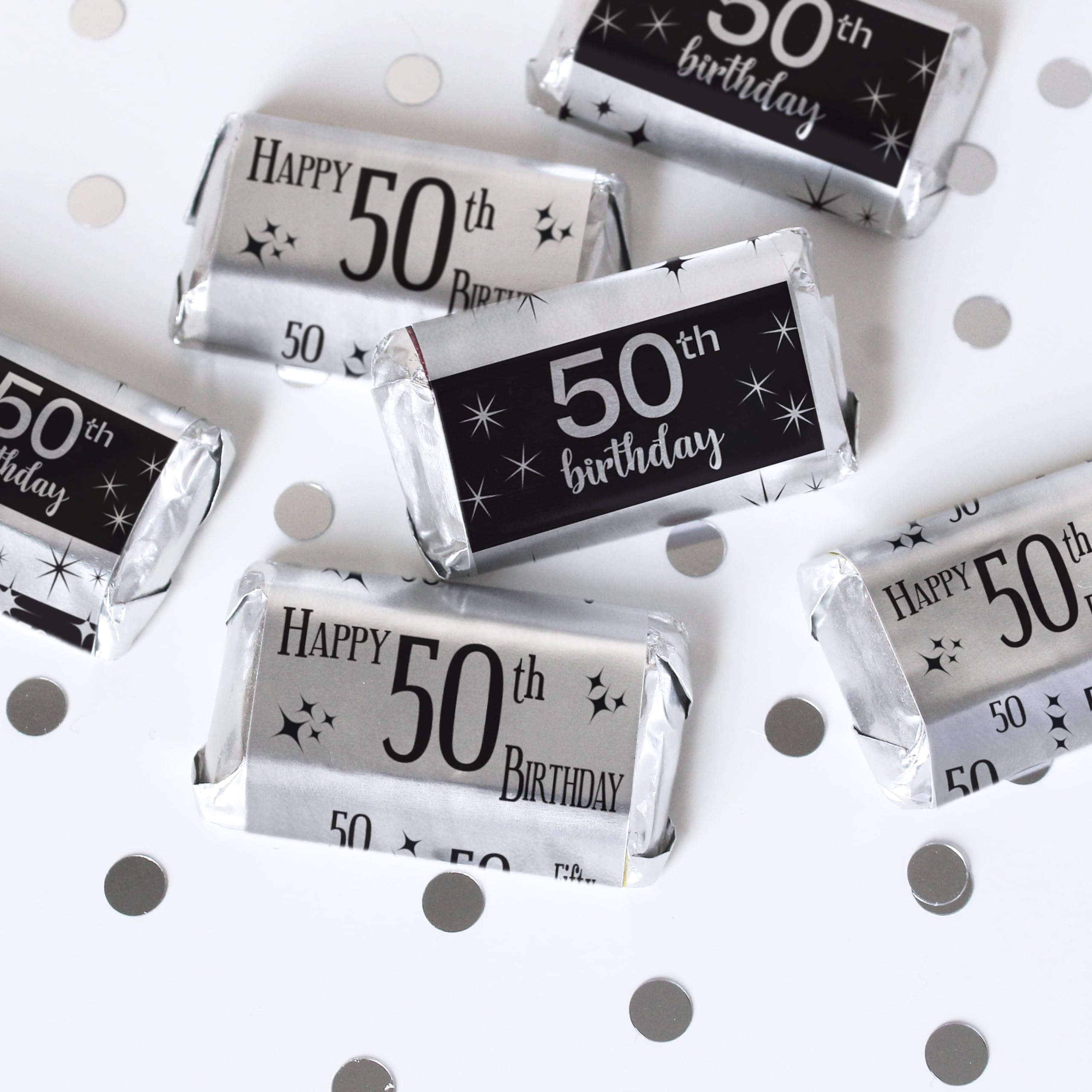 50th Birthday Mini Candy Bar Wrappers – 45 Black and Silver Foil Stickers – Chocolate Labels for 50th Birthday Party Favors – Shiny Party Candy Decorations for Men or Women