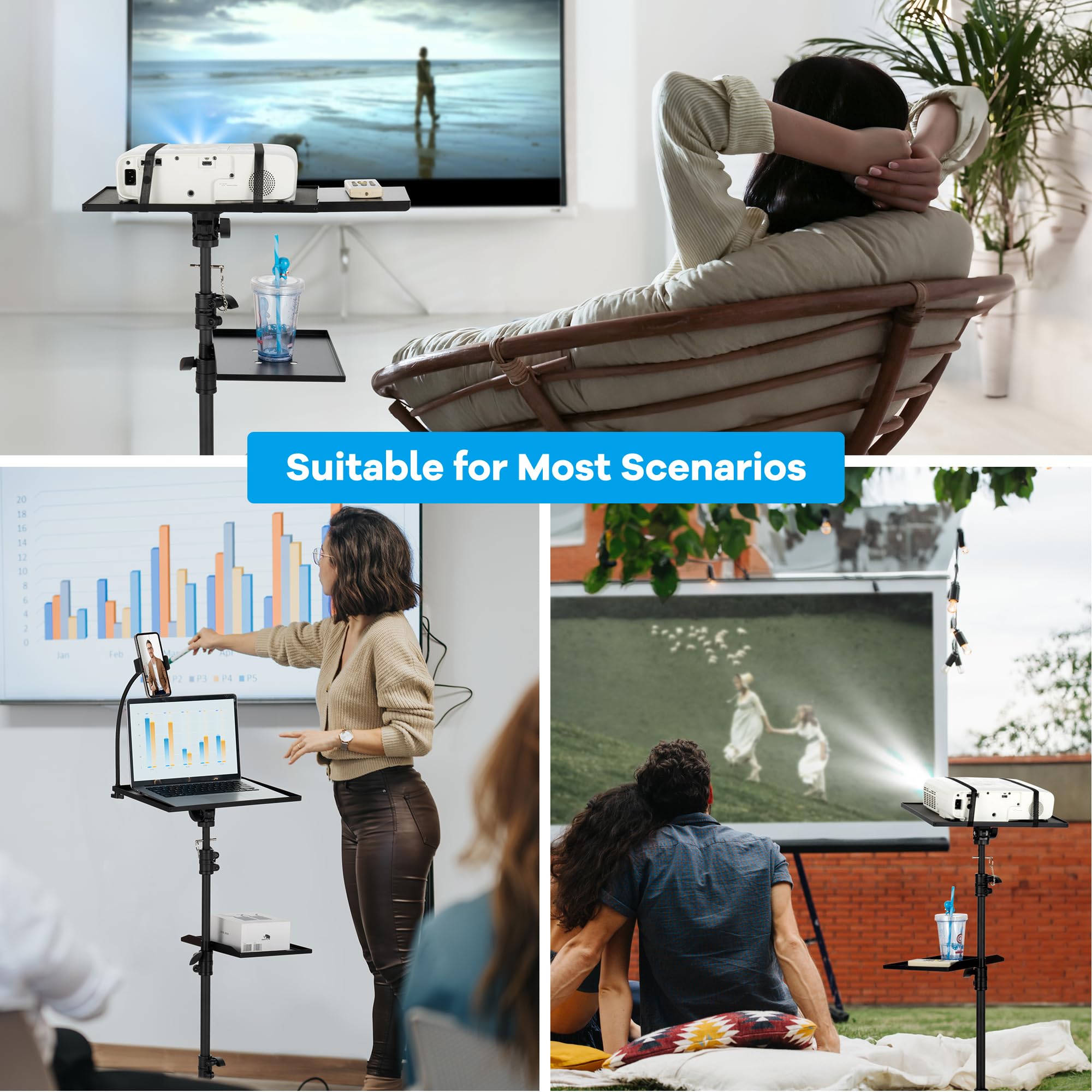 CAHAYA Soporte Proyector Suelo Ajustable – Atril Proyector con Bandeja Soporte para Teléfono de Cuello de Ganso y Ruedas Giratorias de 360° para Reuniones, Hogar y Uso Exterior