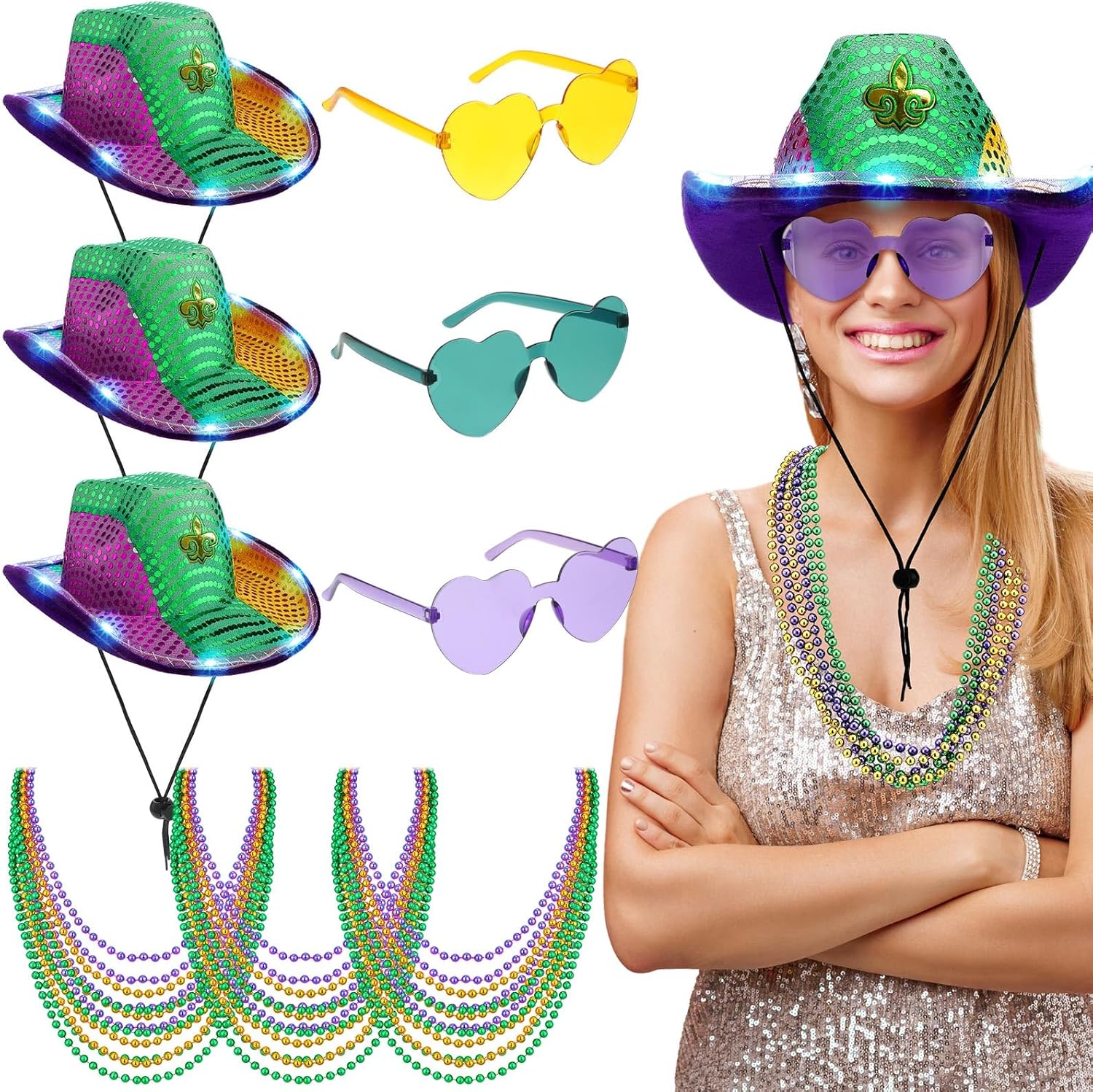 ramede 30 Pcs Mardi Gras LED Sequin Cowboy Hats Unisex