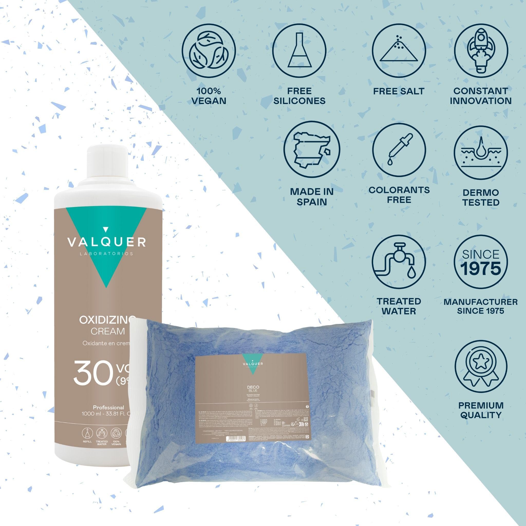 VALQUER Kit Décoloration Cheveux Professionnel Vegan Décoblue 500 g + Oxydant 30 Vol 9% 1000 ml, Éclaircissement Jusqu’à 6 Tons, Balayage, Mèches, Blond Polaire