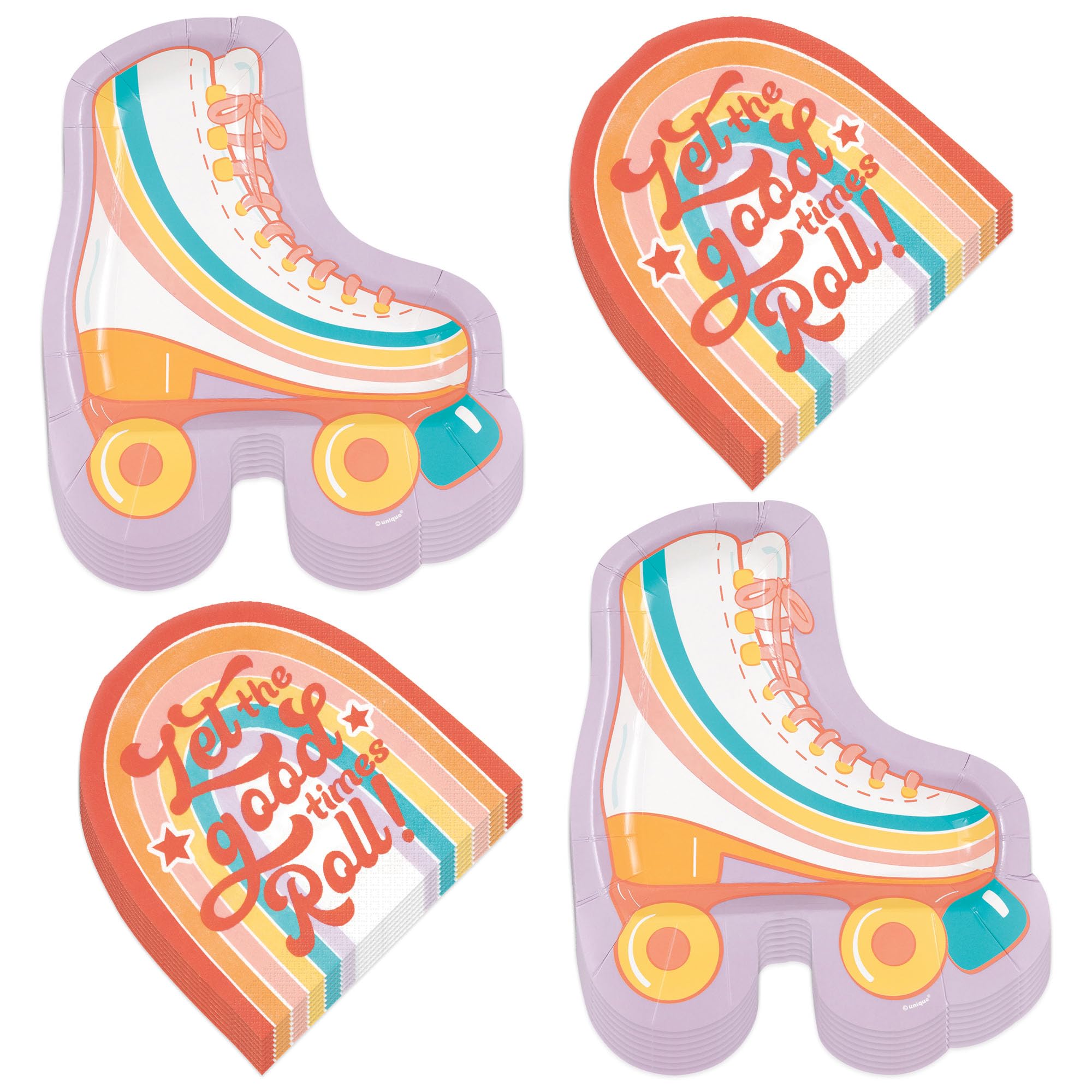HOME & HOOPLA Retro Roller Skate Party Shaped Paper Dessert Plates and Let The Good Times Roll Rainbow-Shaped Lunch Napkins (16 Plates & Napkins)