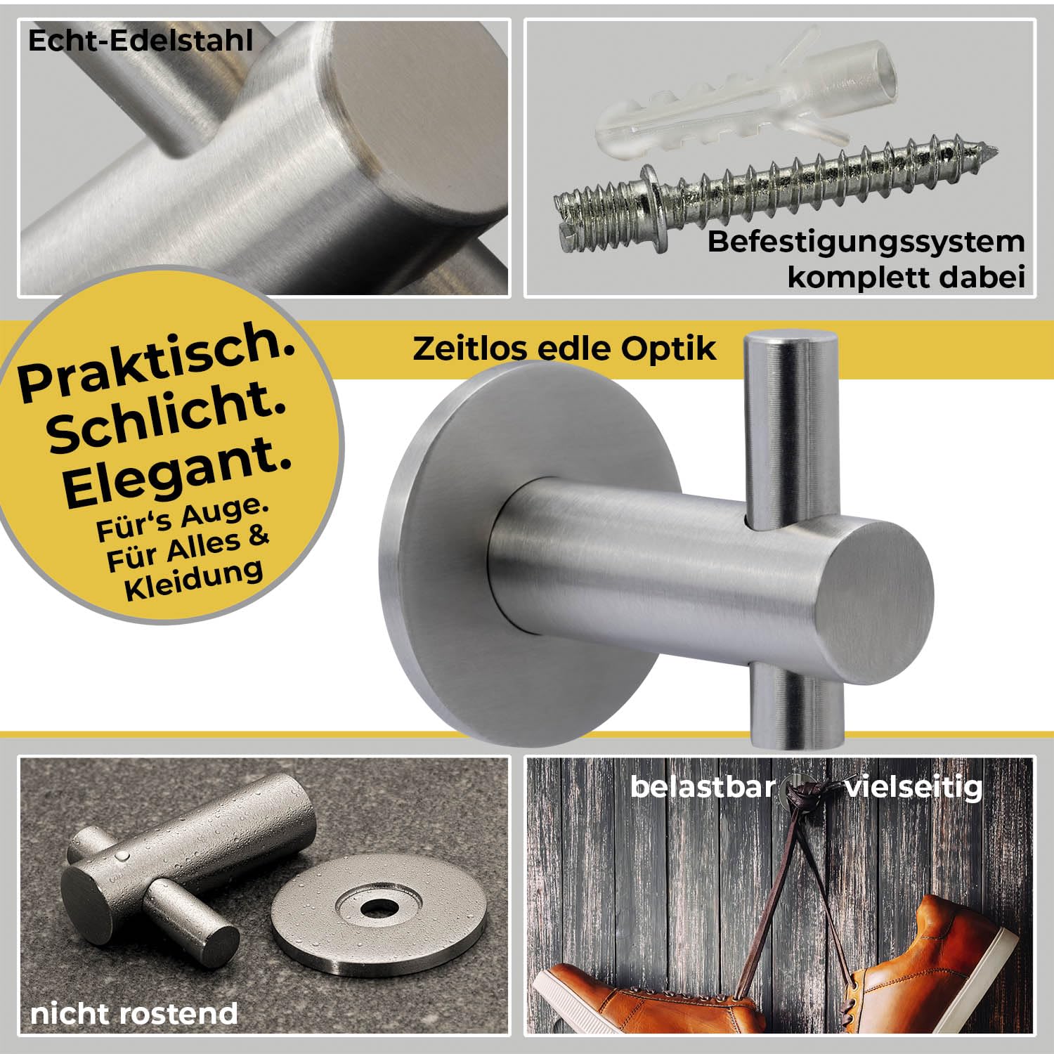 Neuhall 4 x Wall Hooks, Clothes Hooks, Wall Towel Hooks, Brushed Stainless Steel, Rust-Free Coat Hooks - Image 2