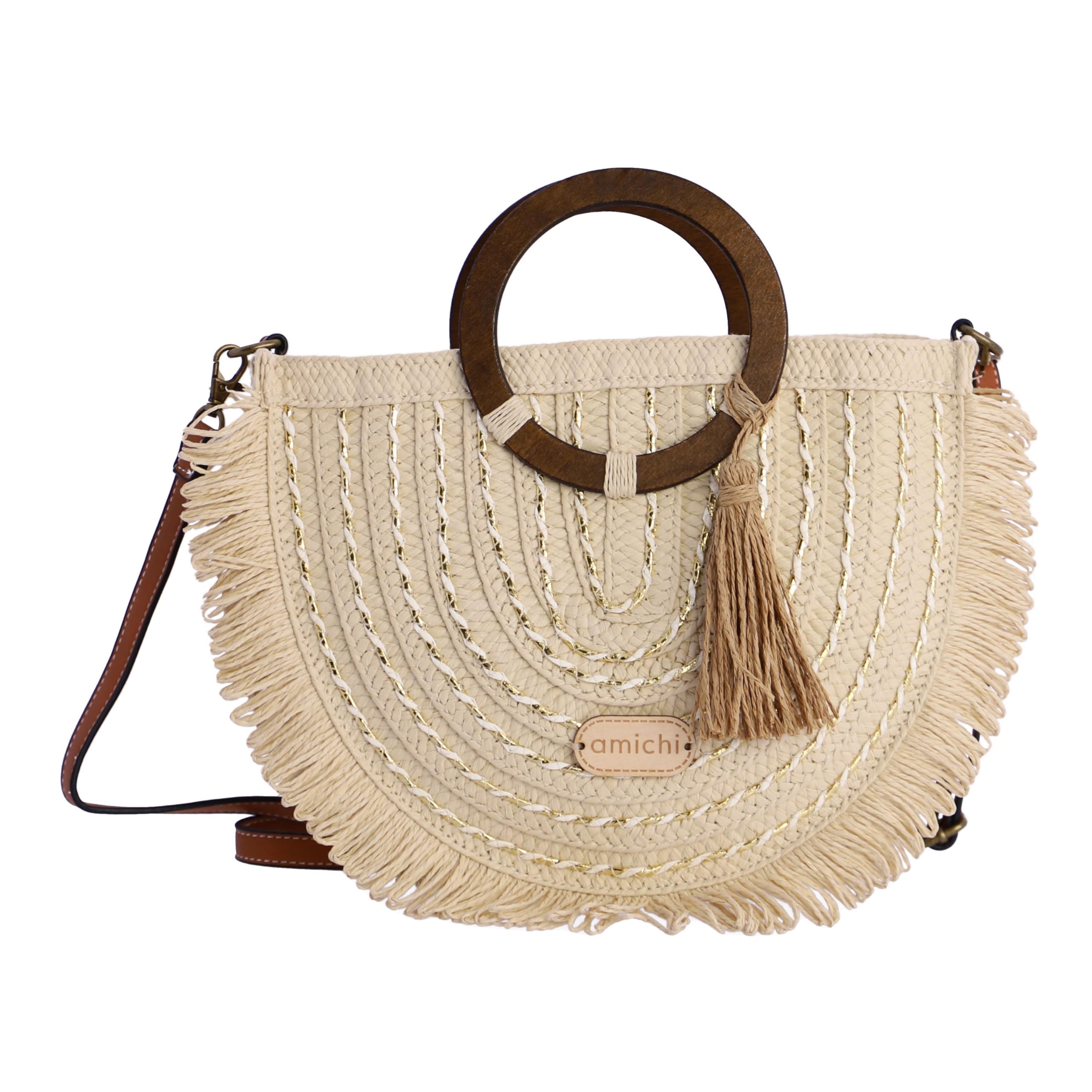 AMICHI Bolso mujer - bolso playa - bolso bandolera mujer - bolso de verano - bolso trenzado mujer - bolsa playa - rafia - bolso elegante mujer - René