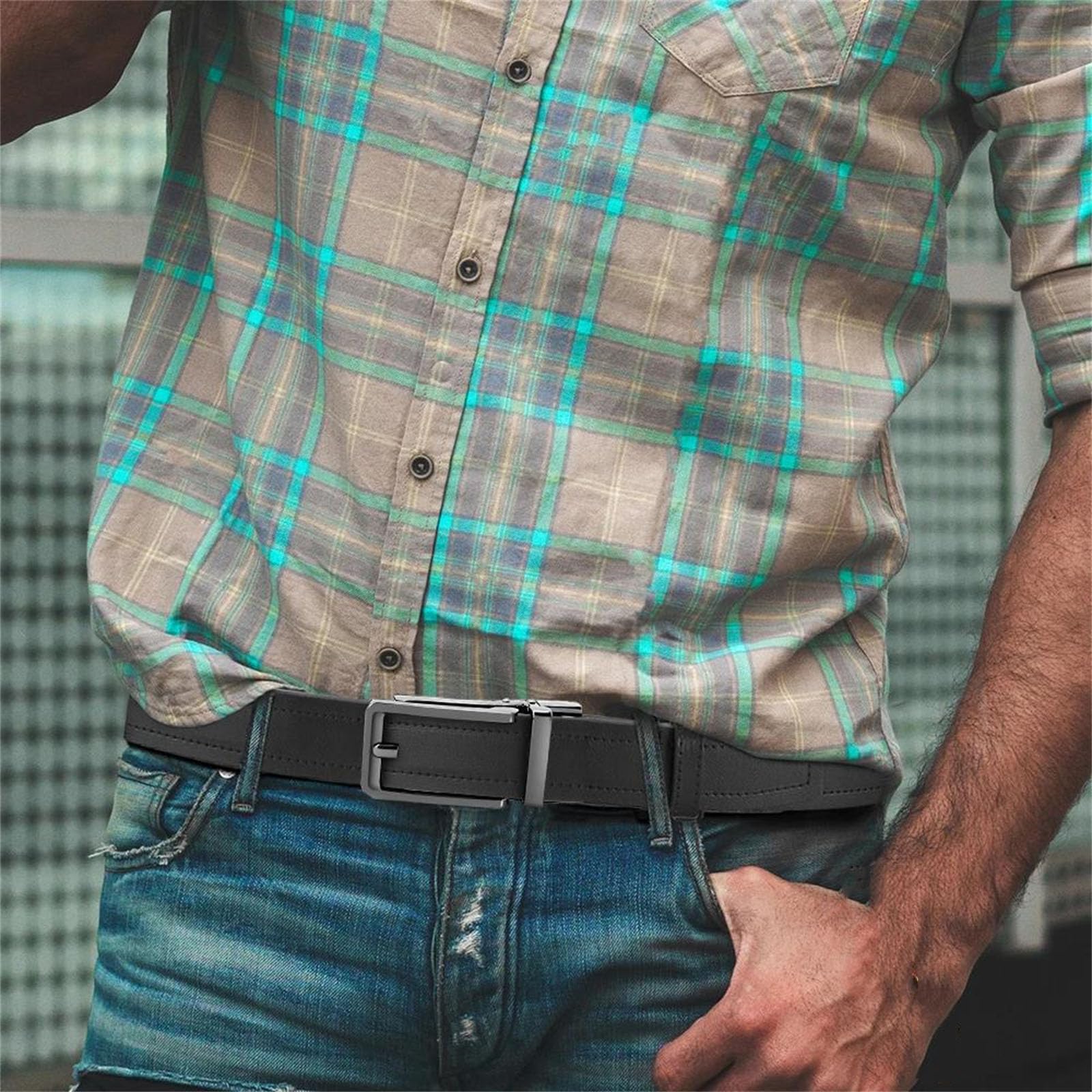 Cinturón de piel auténtica con hebilla automática ajustable para hombre