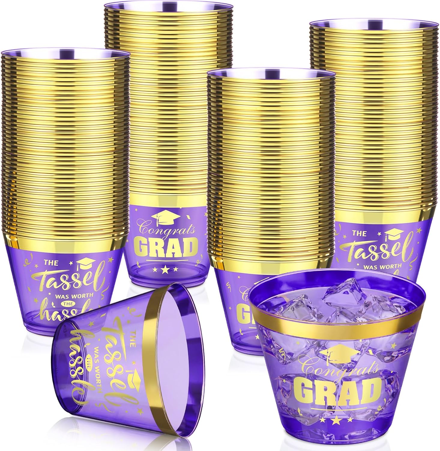 Yinder 100 Pcs Graduation Party Cups 2026, 9 oz Gold Foil Disposable Plastic Cups Congrats Grad Bulk for Graduation Decorations Supplies, Class of 2026 Party Favors Tableware(Purple)