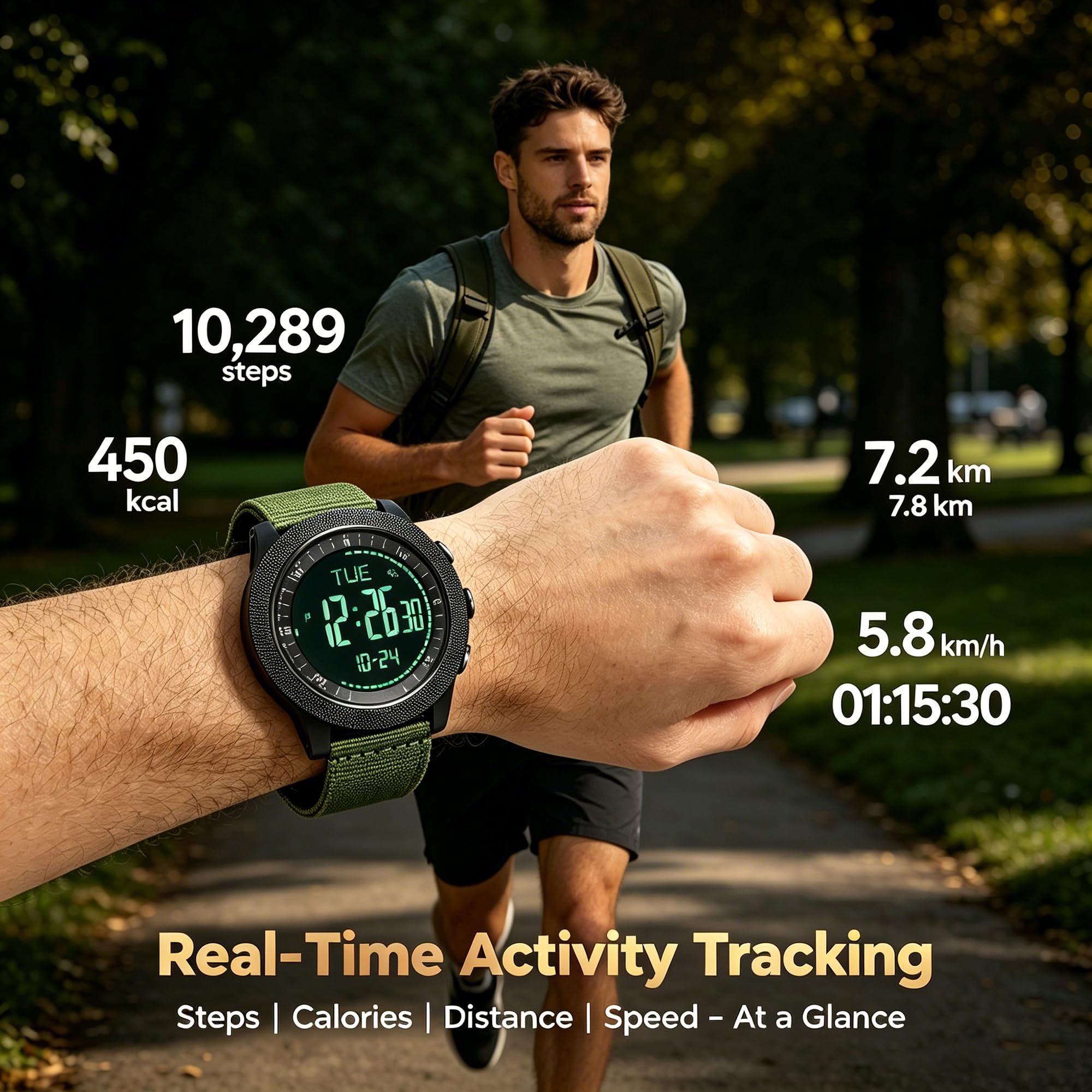 Herren-Outdoor-Sportuhr für Herren, digitaler Schrittzähler, Kalorienzähler, Militäruhr