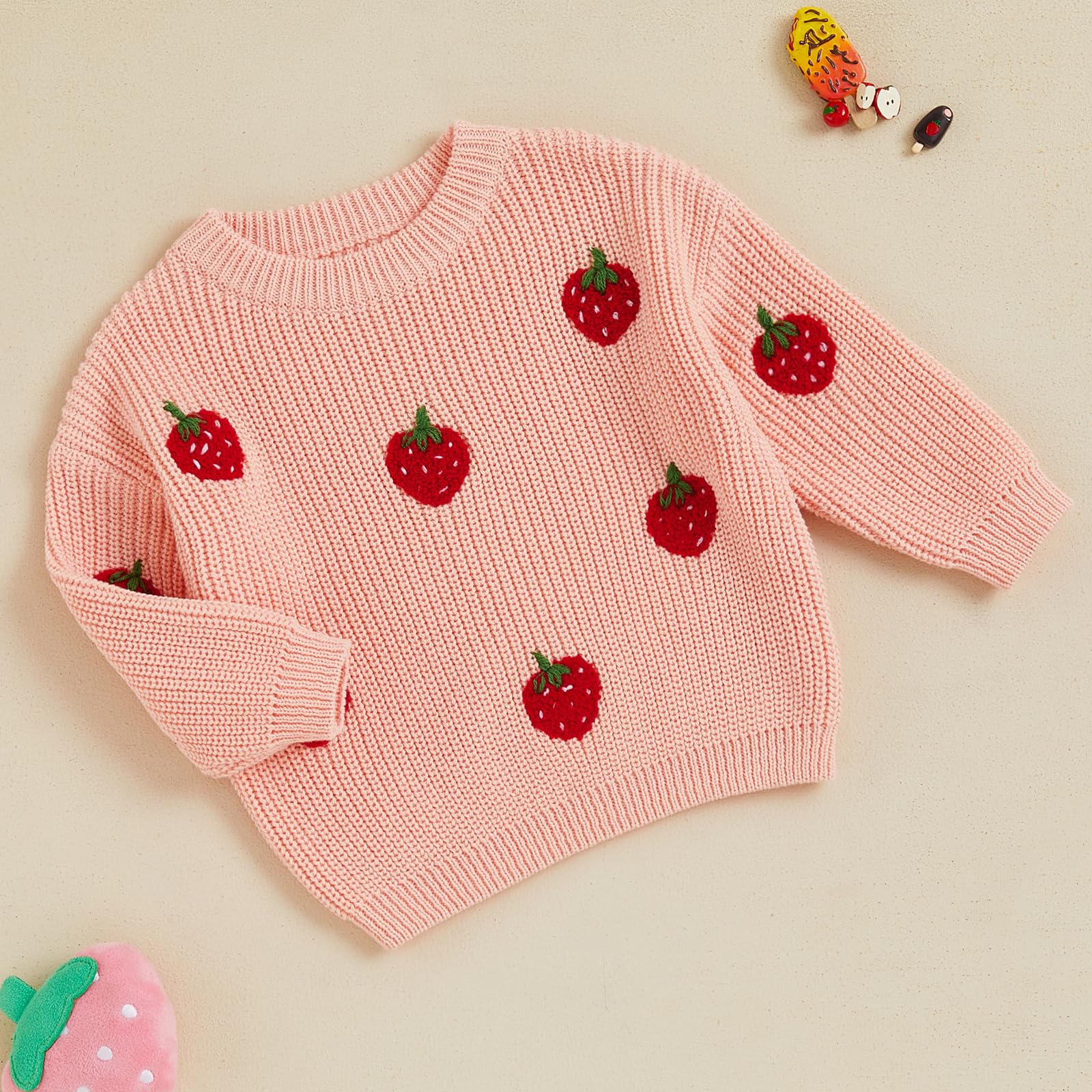 Toddler Baby Girl Knit Sweater Strawberry Long Sleeve Pullover Sweatshirt Oversized Tops Warm Fall Winter Clothes (Pink, 12-18 Months)