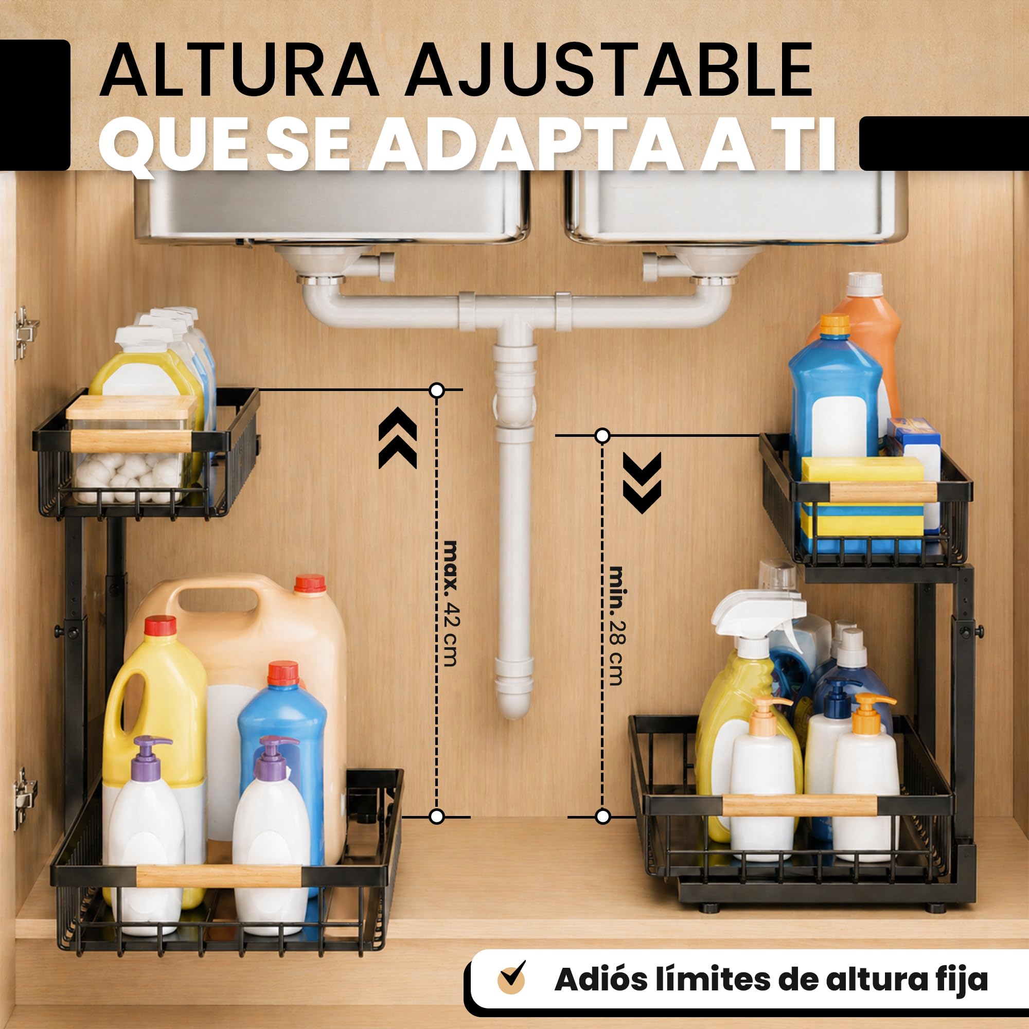 Confezione da 2 organizer sotto lavello compatto regolabile (28-42 cm) con 2 panni in microfibra, scaffale metallico per cucina e bagno, design speciale per sifone e tubi a U, colore nero
