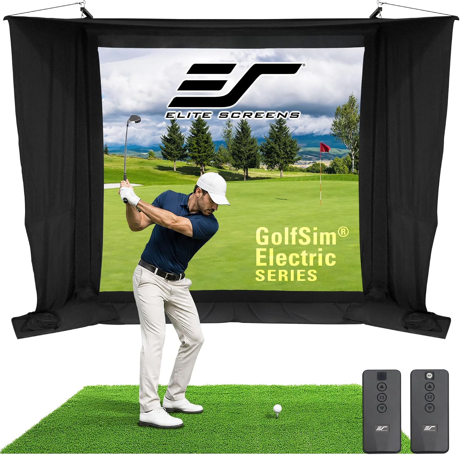 Elite Screens GolfSim® Electric, 7'x13', Retractable Motorized Front Projection Impact Golf Screen, ImpactWhite® 250, Swappable Impact Screen, RF Remote, 12" Extension Brackets, Sand Bags