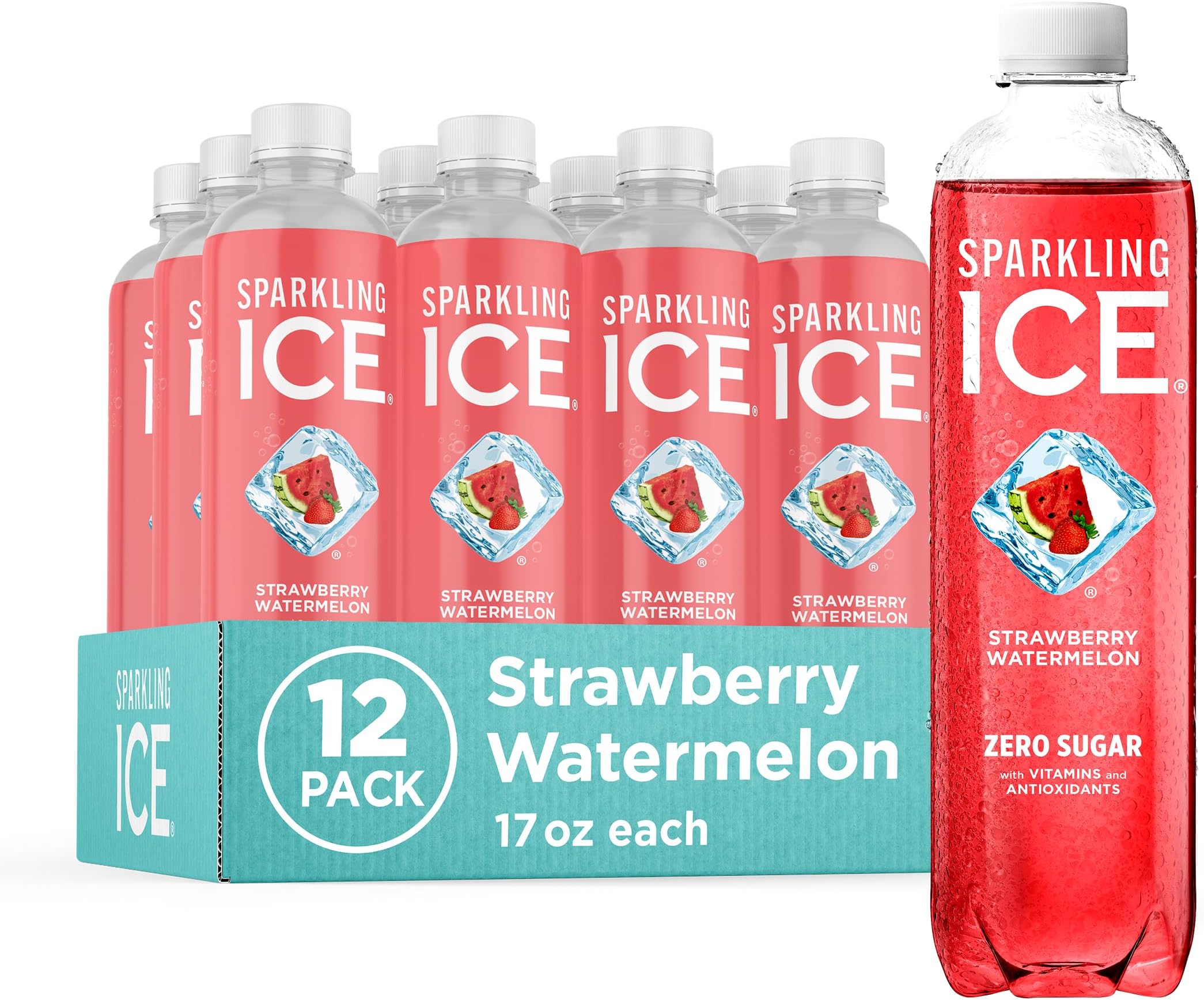 Strawberry Watermelon Sparkling Water, Zero Sugar Flavored Water, with Vitamins and Antioxidants, Low Calorie Beverage, 17 fl oz Bottles (Pack of 12)