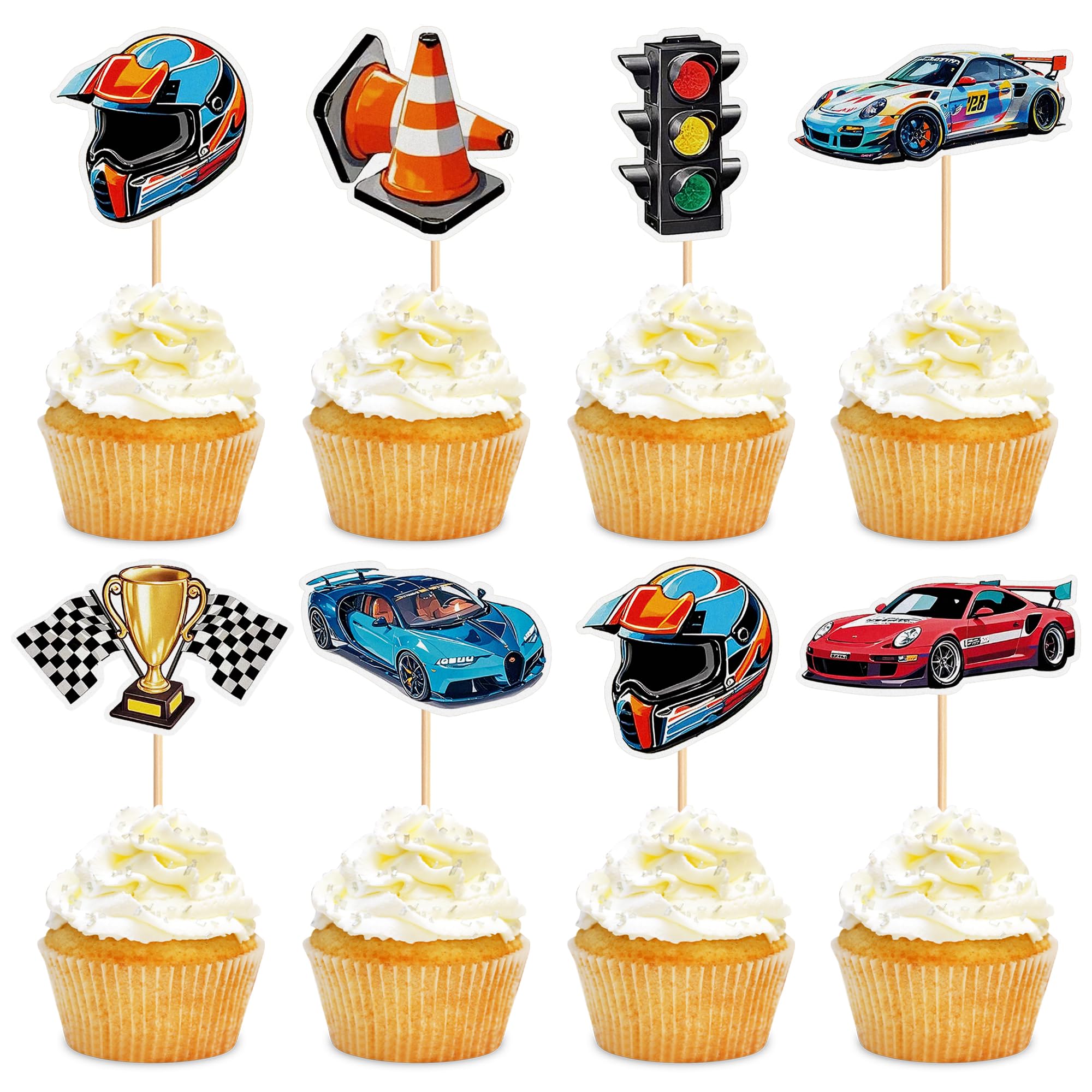 Cyodoos 35PCS Race Car Cupcake Toppers Sparkling Trophy Flag Racing Cake Selected Racing Theme, Car Theme Party Supplies Baby Shower Boy Birthday Party Cake Decoration Supplie