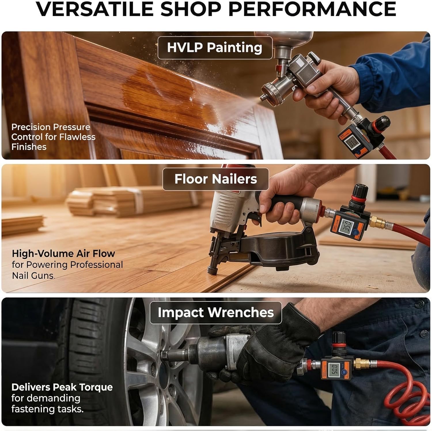 LE LEMATEC Digital Air Pressure Regulator with Locking Valve for Air Slip Prevention, 1/4 NPT Inline Airflow Regulator Up to 160 PSI for Air Compressor, HVLP Spray Paint Gun & Pneumatic Tools (DAR03B)