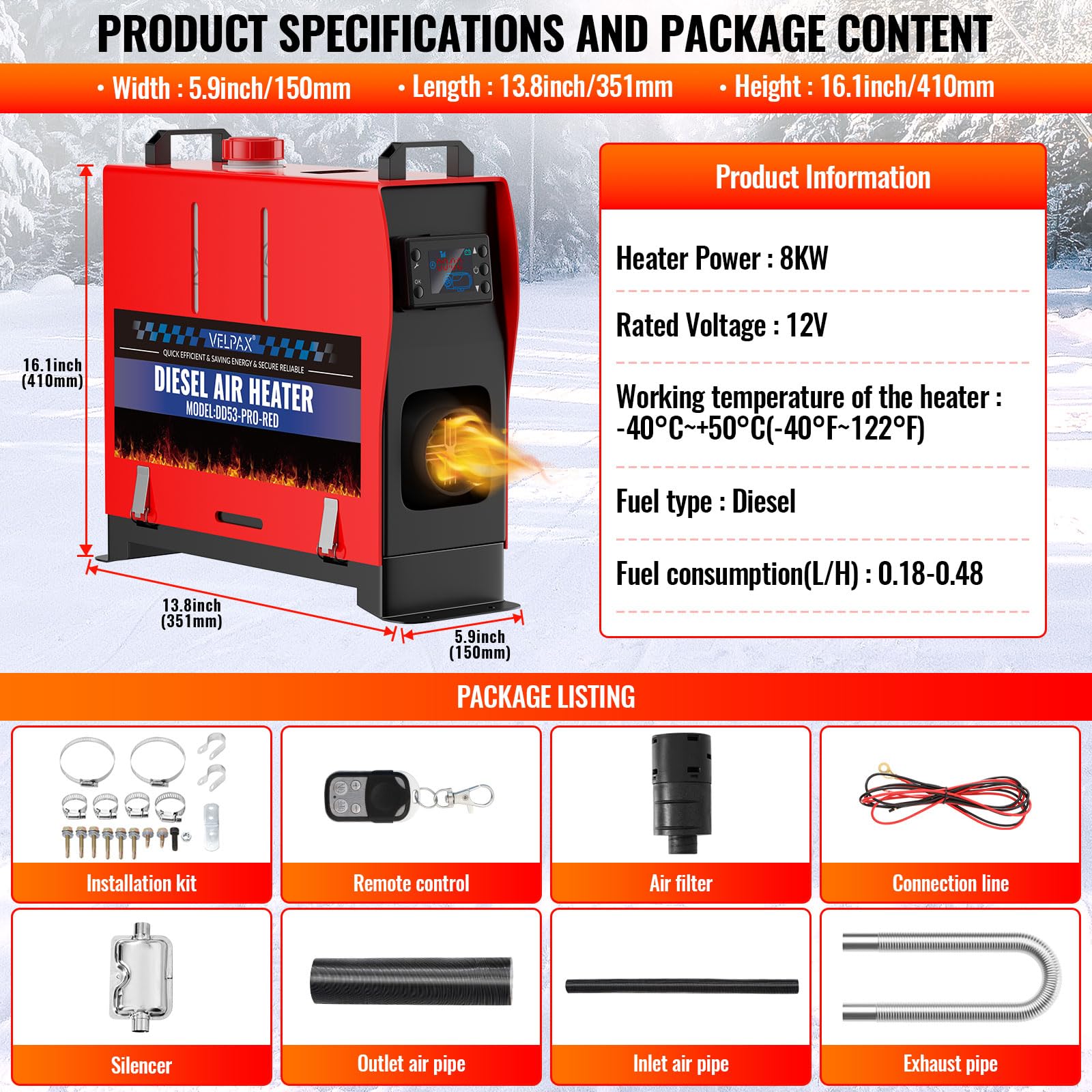 VELPAX Riscaldatore d'Aria Diesel all-in-One 8KW 12V riscaldatore d'Aria Diesel con silenziatore, LCD e Telecomando per Camper,Macchine,Camion,Barche,Autobus