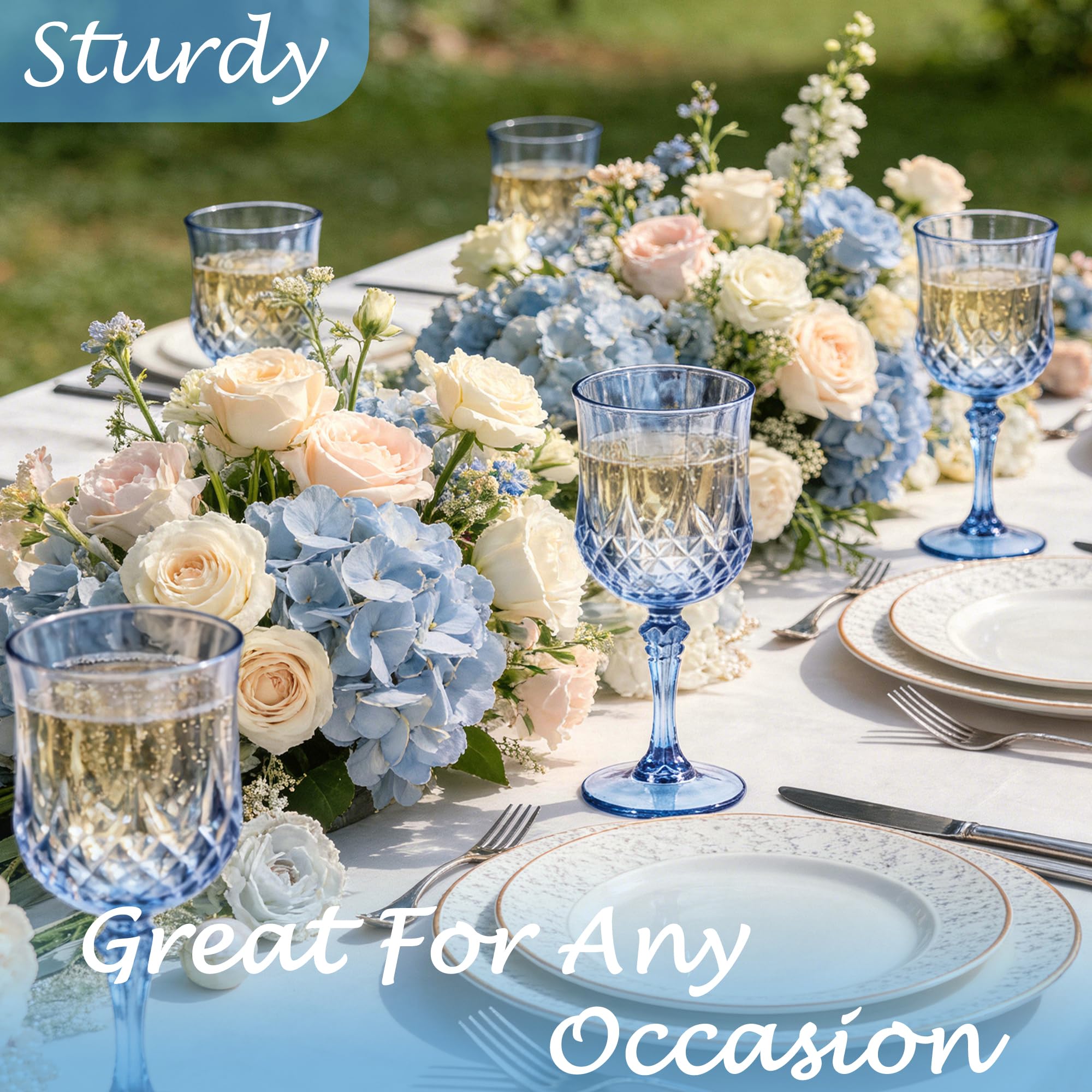 Paquete de 24 copas de vino de plástico, copas vintage de 7 onzas para boda | Vaso reutilizable de cristal irrompible, elegante vaso azul para fiesta, aniversario y celebración de vacaciones