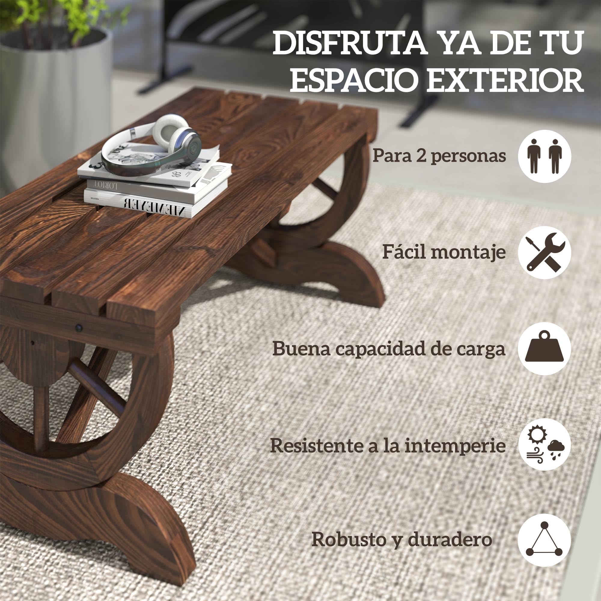 Outsunny Banco de Jardín de 2 Plazas Banco de Madera con Ruedas Decorativas Estilo Rústico Carga 250 kg para Patio Terraza Balcón 98x50x39,5 cm Carbonizado
