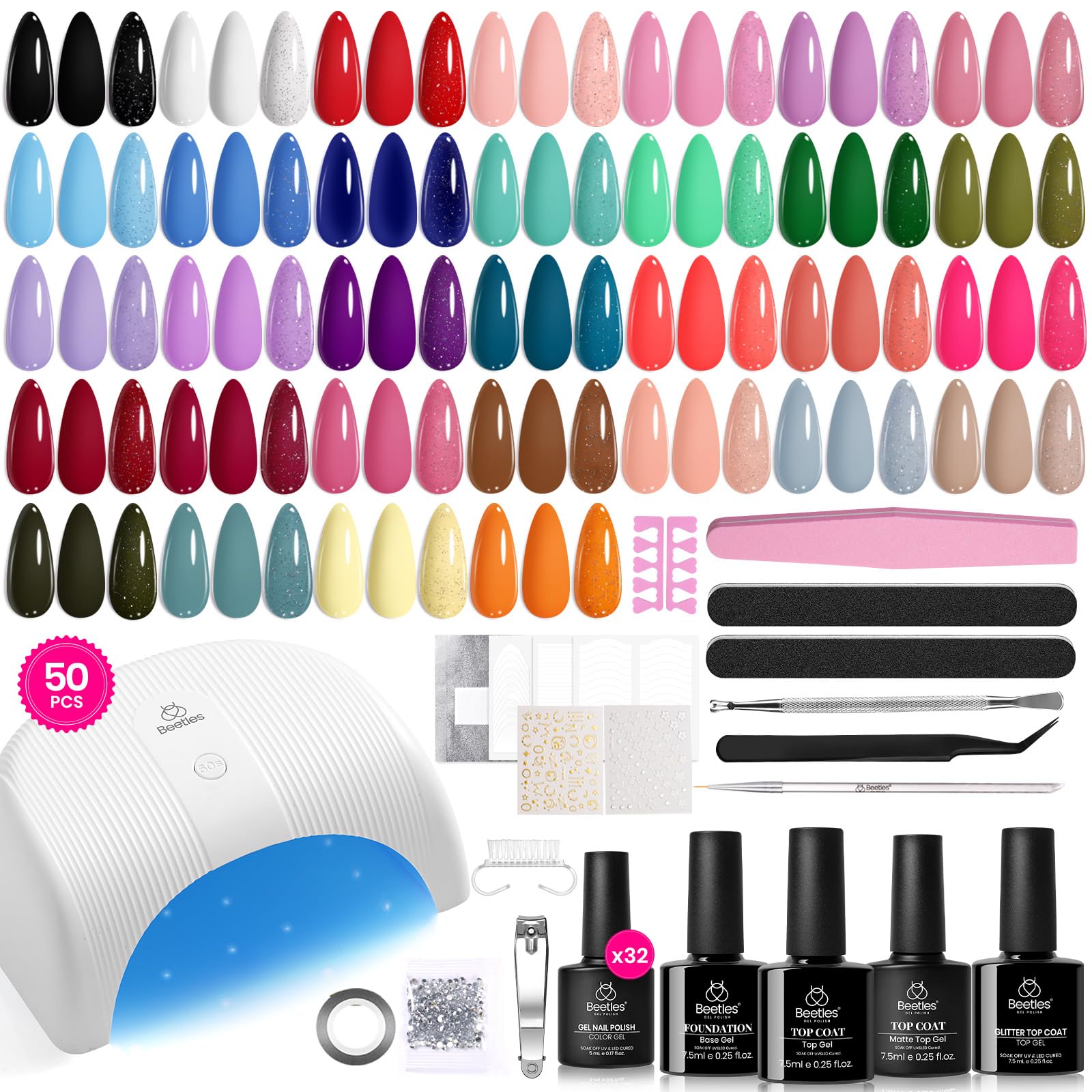Beetles Gel Nail Polish Kit with U V Light, 32 Colors Gel Polish Nail Kit 50 Pcs Polish Set with Base and Matte&Glossy Top Coat Soak Off DIY Art Kit Manicure Spring Gifts for Women