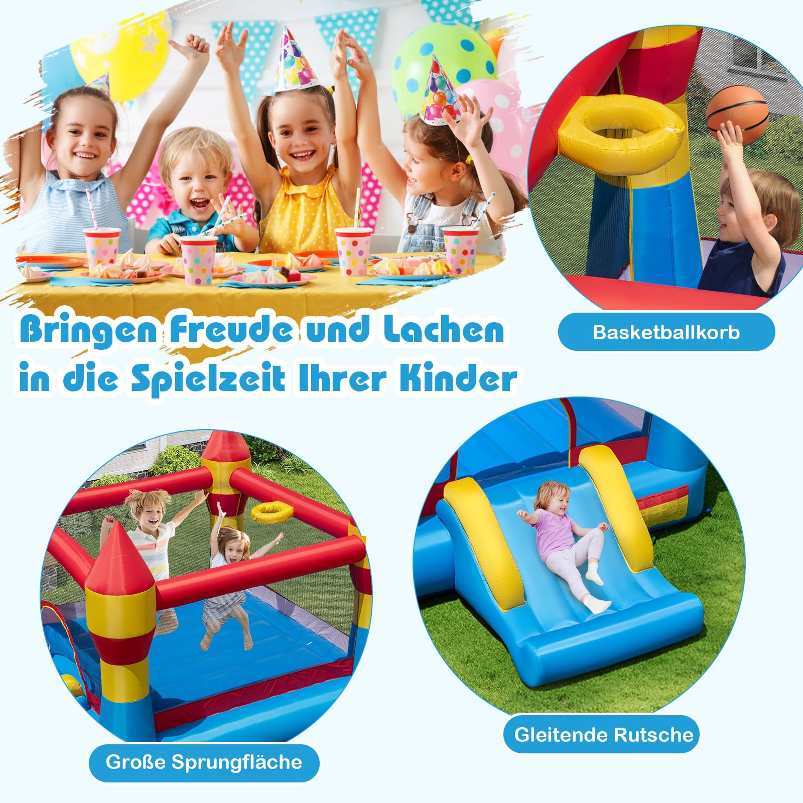 COSTWAY Hüpfburg mit 550W Gebläse, Rutsche und großem Sprungbereich, Kinder Springburg für Indoor & Outdoor, inkl. Tragetasche, Reparaturset, 380 x 280 x 221 cm