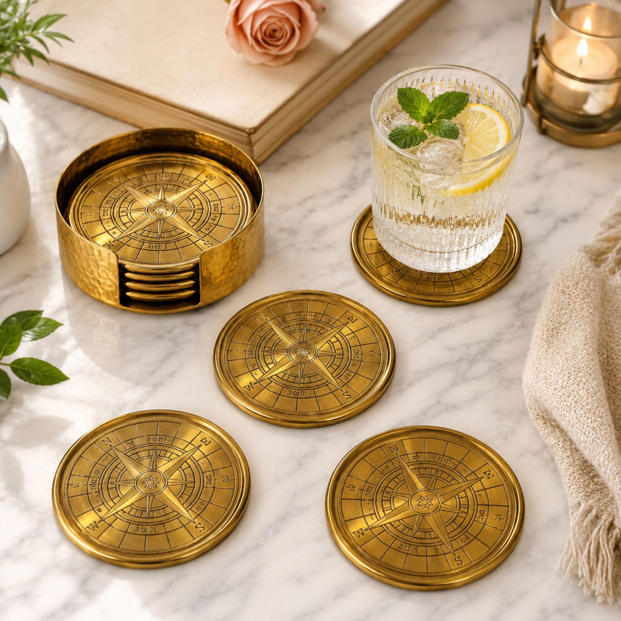 Antique Compass Gold Coaster Set of 6 with Holder, Stainless Steel 304, Antique Gold PVD Finish, Engraved Compass Design-image-1