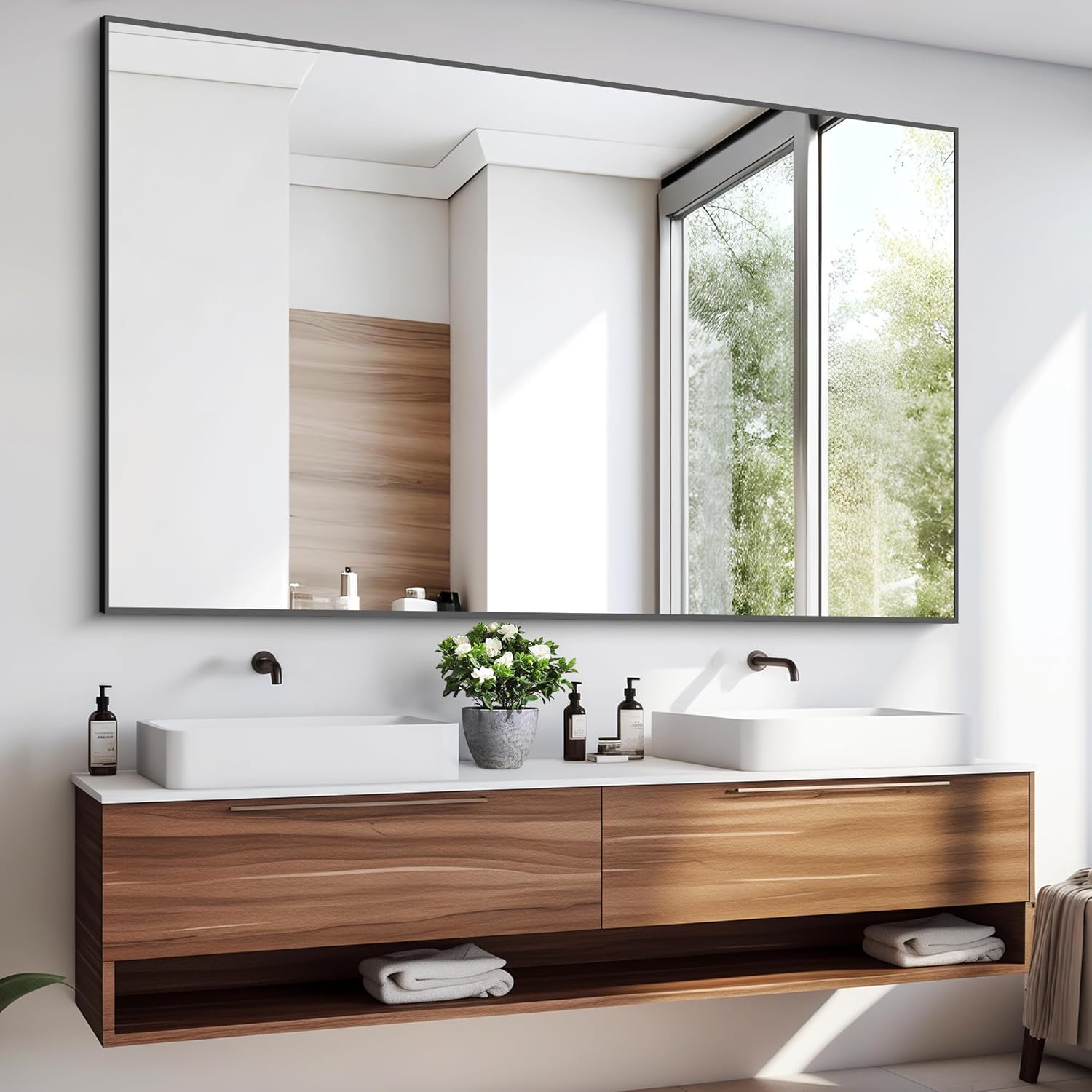 60x40 Inch Large Black Wall Mounted Mirror,Aluminum Framed Decorative Rectangular Bathroom Mirror for Wall Over Sink,Vanity Mirror for Bedroom Living Room Bathroom,Functional Oversized Mirror Black 60"x40"