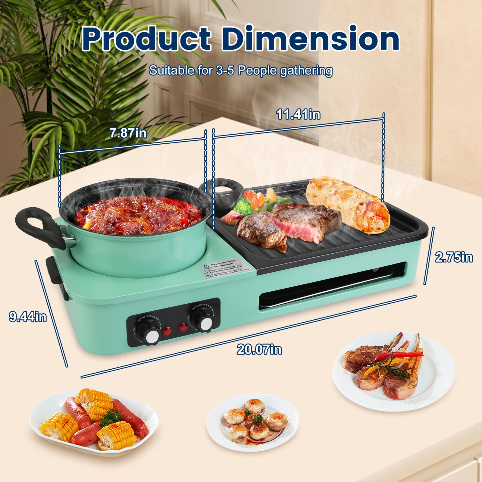 Zorpupoa 3 in 1 Hot Pot with Grill, Electric Indoor Non-Stick Hotpot Smokeless Cooker for Korean BBQ, Shabu Shabu & Noodles, Hot Pot Combo with Independent Dual Temperature Control for 3-5 People