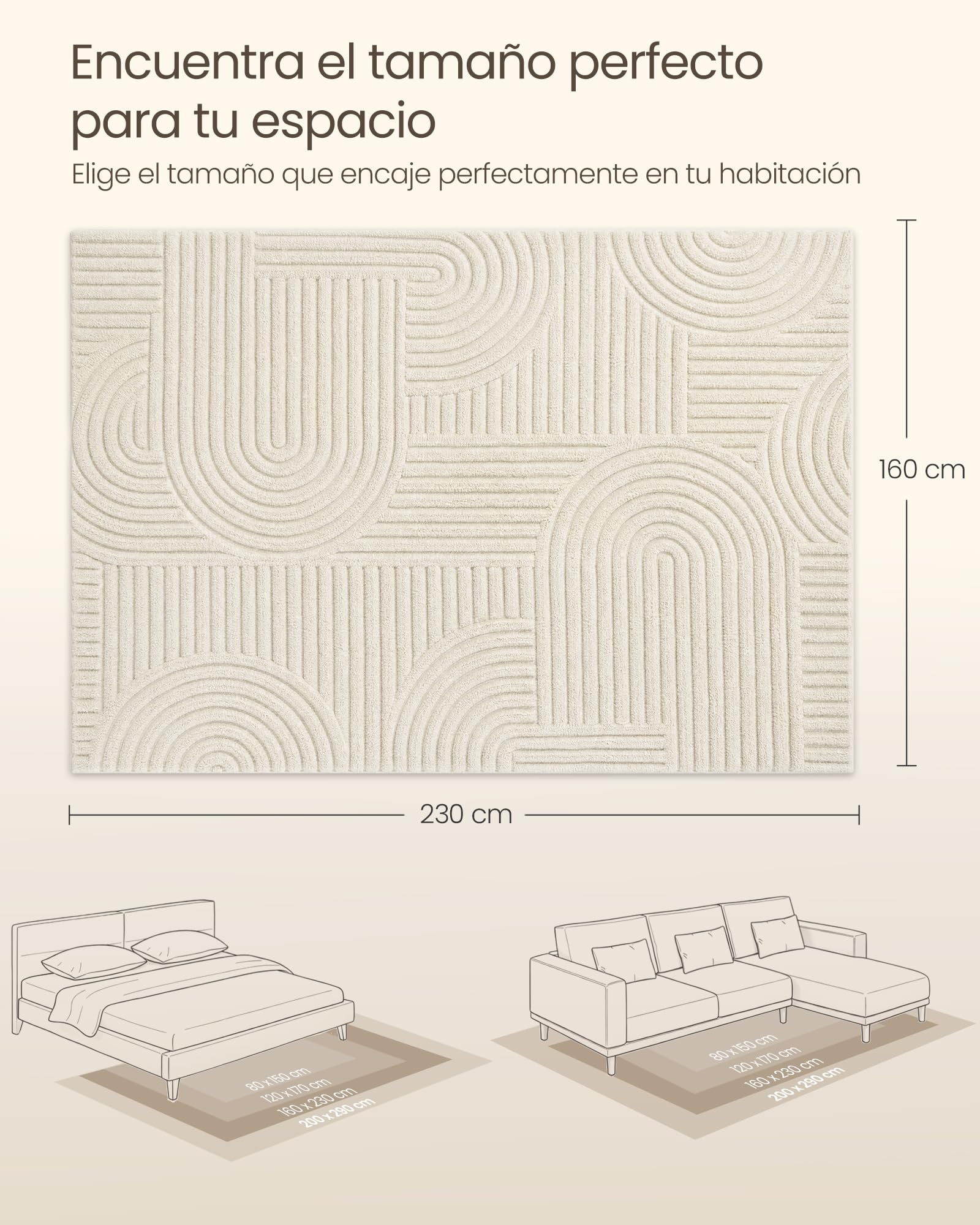 SONGMICS Alfombra con Diseño Geométrico 3D, Pelo Alto y Bajo, Base Antideslizante, Lavable a Máquina, 230 x 160 x 1 cm, Blanco, para Salón y Dormitorio, Colección Hila TAR134WZ02