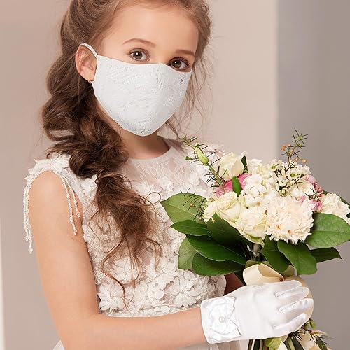 Miniatura 7 de Vicpen 3 piezas de primera comunión magníficos guantes de satén de princesa tela de encaje para cubrir la cara cubierta de la cara encaje a prueba