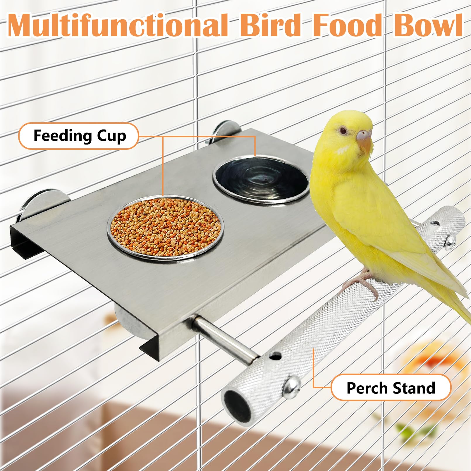 Apatal Stainless Steel Bird Feeder Hanging Parrot Feeder Bowl with Perch Stand Removable Food and Water Cups Bird Cage Accessories for Parakeet Cockatiel Budgie Conure - image 5
