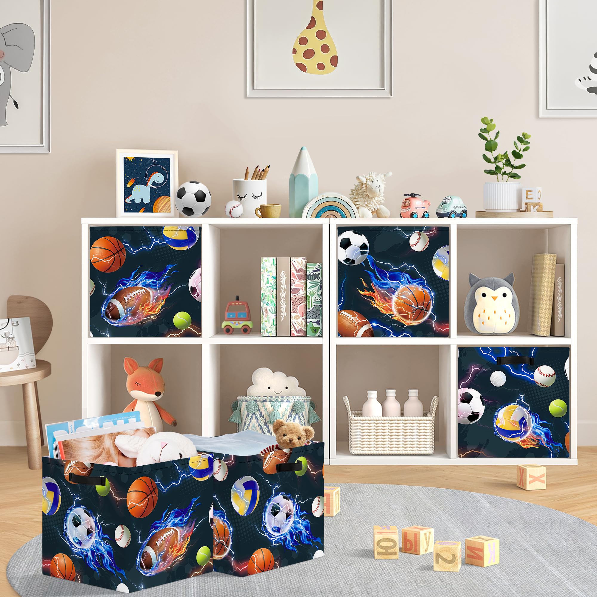 HUUMONSS 11.8" Sport Ball Storage Cube Organizer Set 3Pcs Clothes Storage Basket Bin for Home Basketball Volleyball Kid Book Toy Chest - Image 2