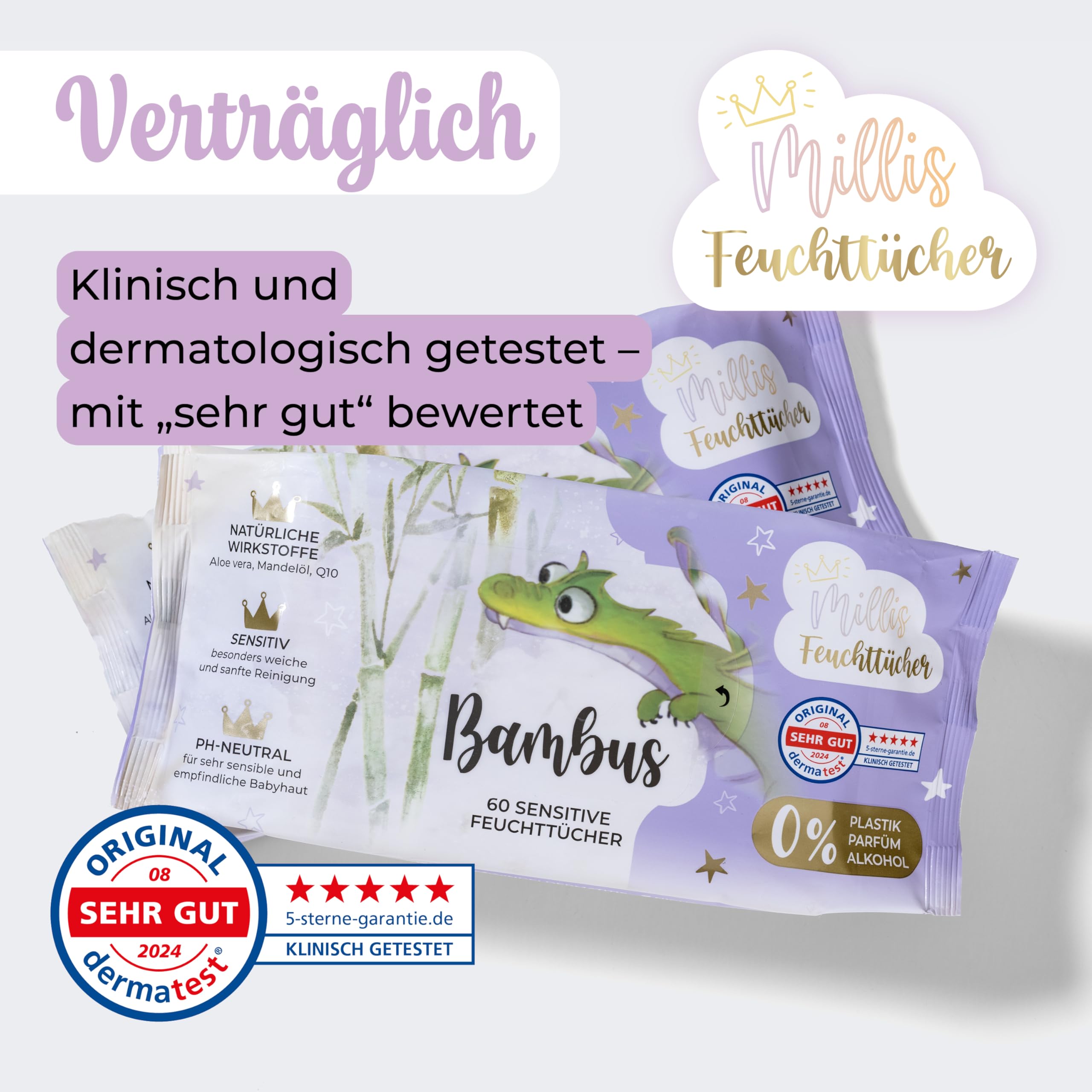 Millis Toallitas húmedas de bambú – 12 x 60 unidades – Limpieza natural suave para la piel sensible del bebé – Biodegradables, pH neutro, sin plástico, perfume y alcohol, clínicamente probado