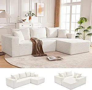 110” Cloud Sectional Couch, Modular Sectional Sofa for Living Room, Boneless Sofa with Deep Seat, Comfy Fluffy Couch with L-Shaped Chaise, No Assembly Required (Right-Facing Chaise, Beige)
