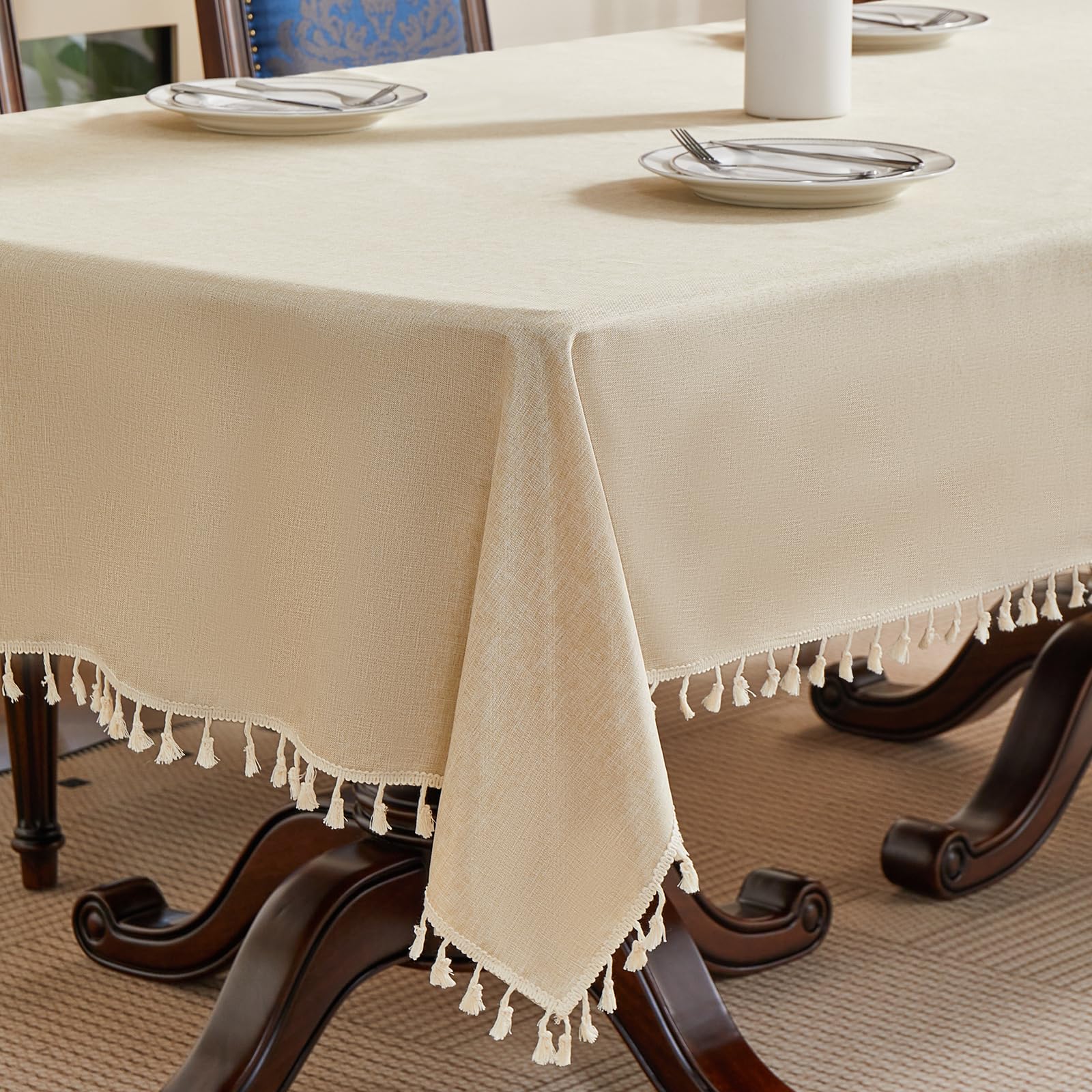 Nappe Beige, Rectangulaire 155 x 350 cm, à Pompons, n Lin Nappe, Unie et de Haute Qualité, pour Cuisines, Salles à Manger, Salons et Espaces Extérieurs.