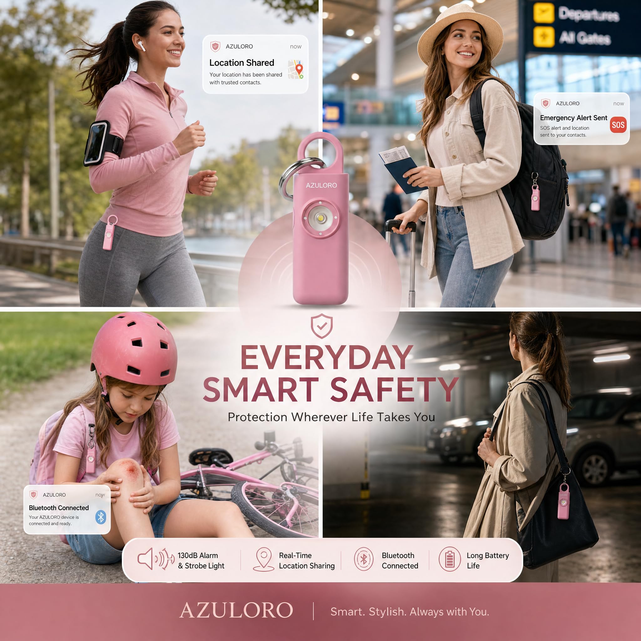 Alarmes personnelles pour femmes – Porte-clés de sécurité d'autodéfense – Sirène d'alarme personnelle avec SOS et appel d'urgence – Porte-clés d'alarme pour femmes – Cadeaux pour adolescentes
