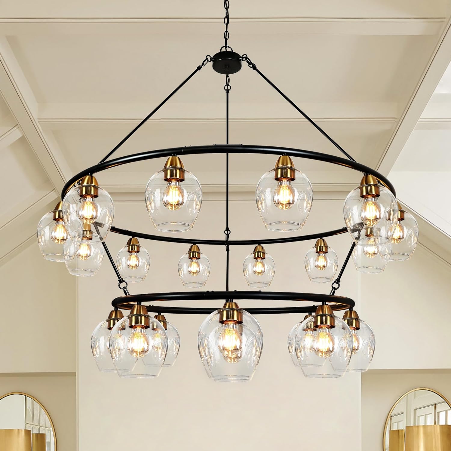 Black Wagon Wheel Chandelier 2-Tier Modern Chandelier with Open Clear Glass Shades, 20-Light Large Black and Gold Chandelier, Round Foyer Chandeliers for High Ceilings Dining Room Living Room-52.3"