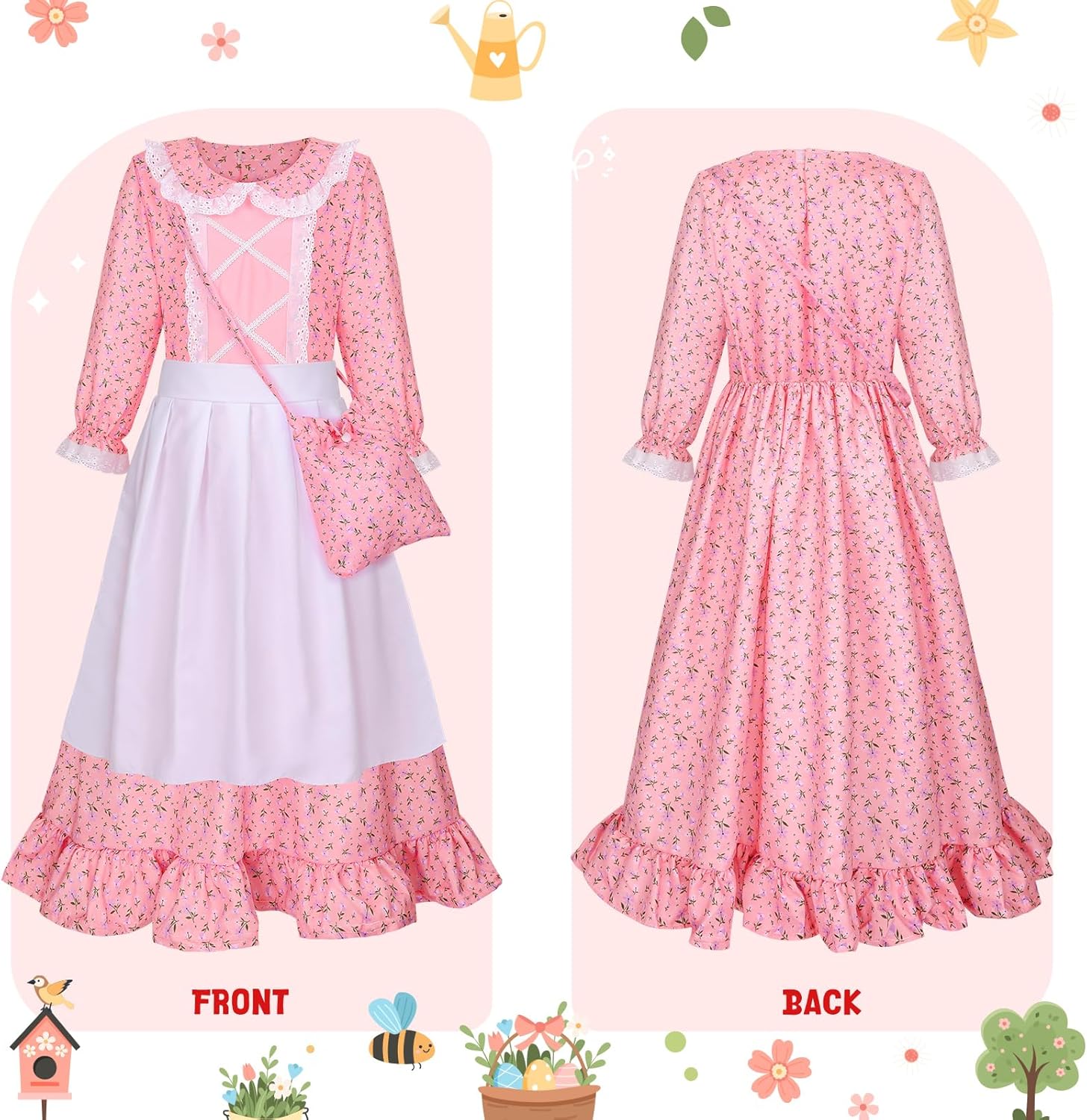 Meland Pioneer Dress for Girls, Colonial Floral Costume with Bonnet Apron & Purse, Dress Up Clothes for Girls Ages 5-13