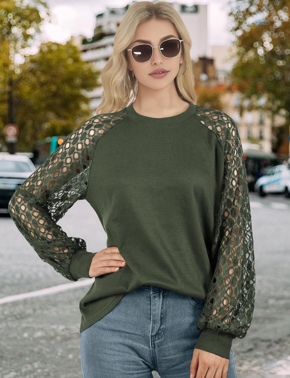 AURUZA Long Sleeve Shirts for Women Waffle Knit Puff Lace Sleeve Tops Dressy Casual Blouses Work Business Fall Outfits - Image 2