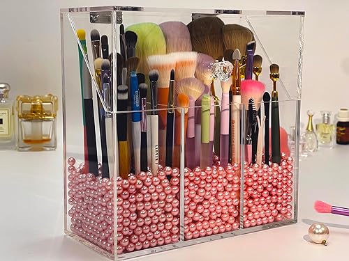 Miniatura 2 de VASERDDY Organizador de maquillaje acrílico, caja de almacenamiento transparente para brochas de cosméticos con 3 soportes para pinceles, soporte
