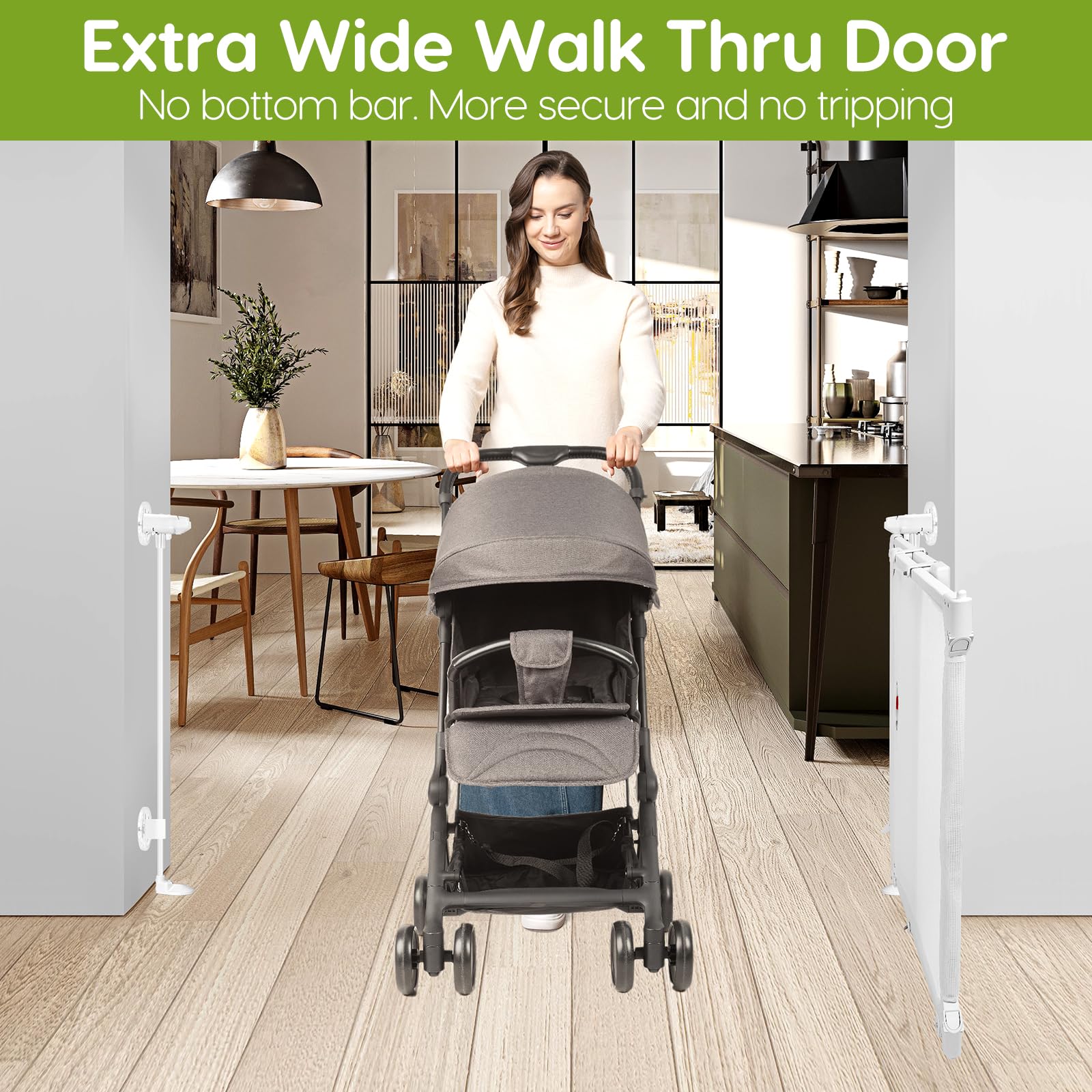 No Drill Baby Gate for Stairs No Bottom Bar, 34-55” Adjustable Baby Gate with Large Walk Thru Door, Mesh Dog Gate for Doorways, Swing & Dual Openings, No Drilling Pet Gate Child Safety Gate, White