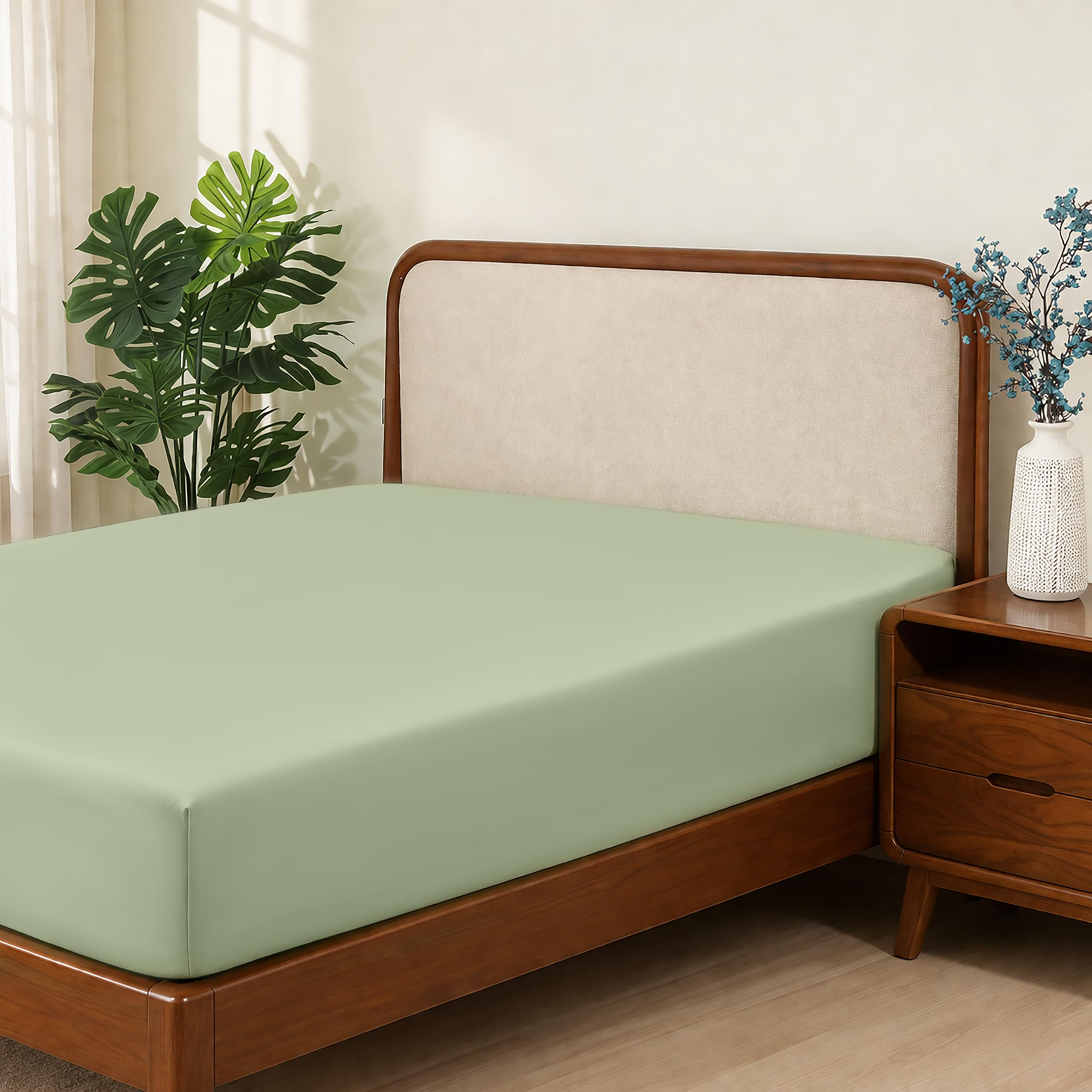 MHG Living Fitted Sheet Double Bed, 1Pack 100% Cotton Sateen, 30cm Deep Pocket, 300TC, Fitted Sheet, Smooth & Breathable, Shrink Resistant, Secure Fit for Everyday Comfort (135x200x30cm) Green