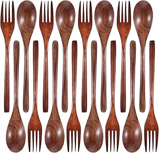 cobee Wooden Spoon and Fork for Eating,8Pcs Wood Dinner Utensil Set Handmade Reusable Kitchen Wooden Flatware Tableware Cutlery Set for Stirring Cooking Camping Party 9 Inch