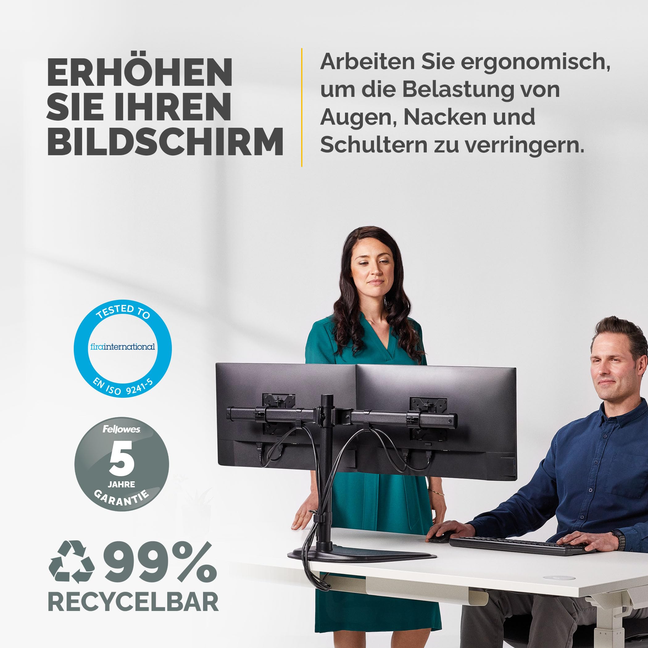 Fellowes Monitorarm Seasa mit Standfuß - höhenverstellbar - ergonomisch - für 2 Monitore bis je 68,5 cm (27 Zoll) - schwarz