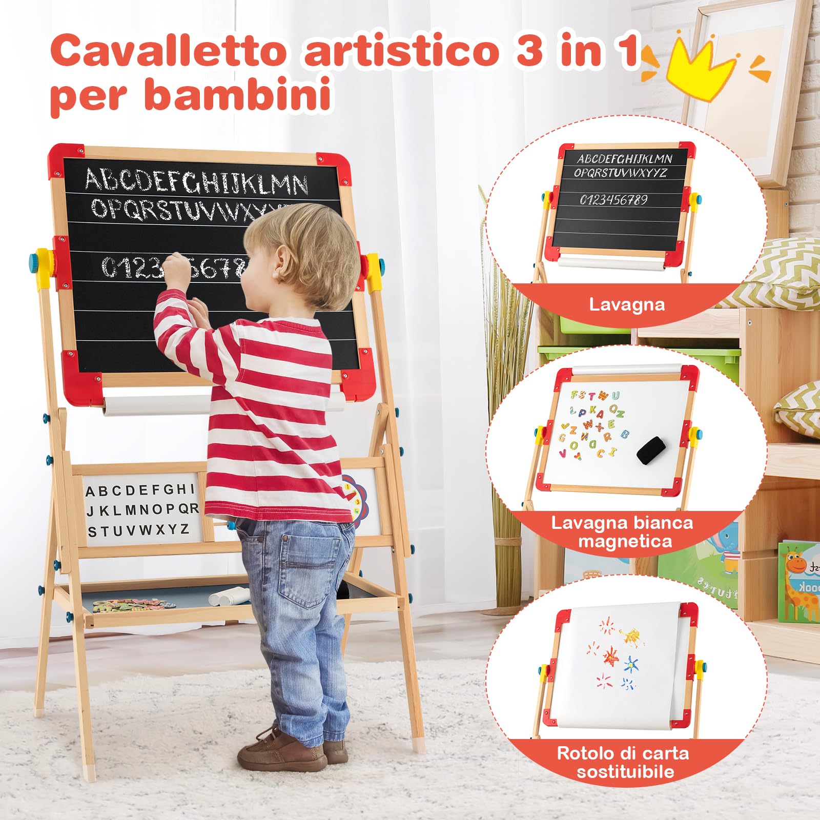RELAX4LIFE Cavalletto d’Arte per Bambini, Cavalletto in Legno Bifacciale Regolabile con Lavagna Magnetica e Classica, Lettere Magnetiche, Lavagna da Disegno in Piedi per Bambini e Bambine