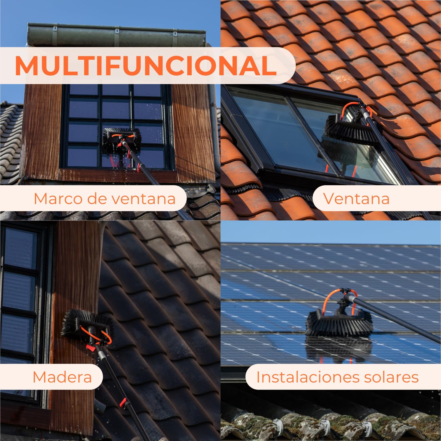 Aquascopic Barra telescópica con Cepillo Permeable al Agua de 5 Superficies y Manguera de Agua Interna, Limpiador de Longitud Ajustable para Ventanas y Paneles solares, hasta 8m