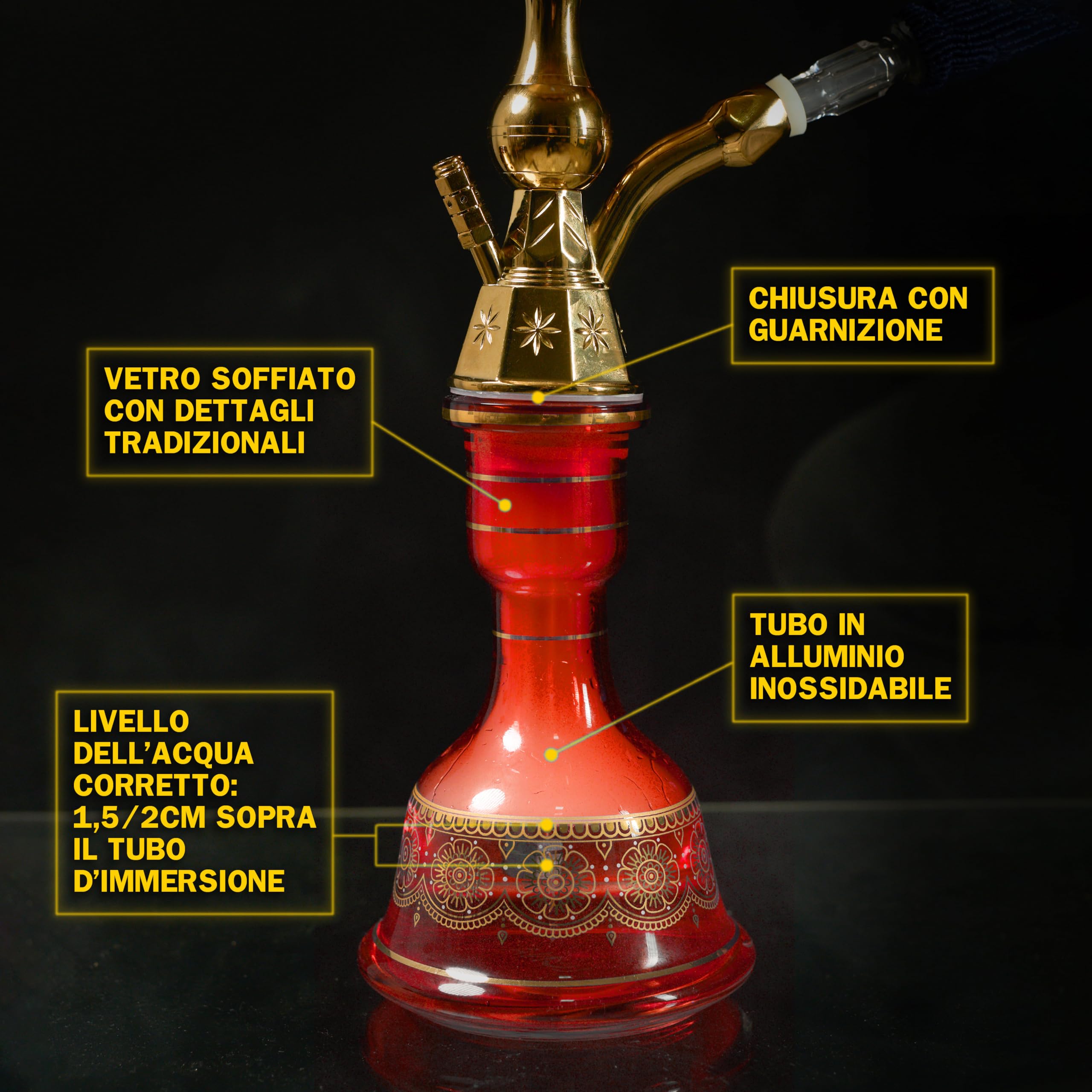 Dark Shisha Cachimba Tradicional Roja 44,5 cm | Aluminio con Base de Vidrio | Set Completo con Manguera, Cazoleta con Chimenea, Pinzas + 50 Boquillas Higiénicas de Colores