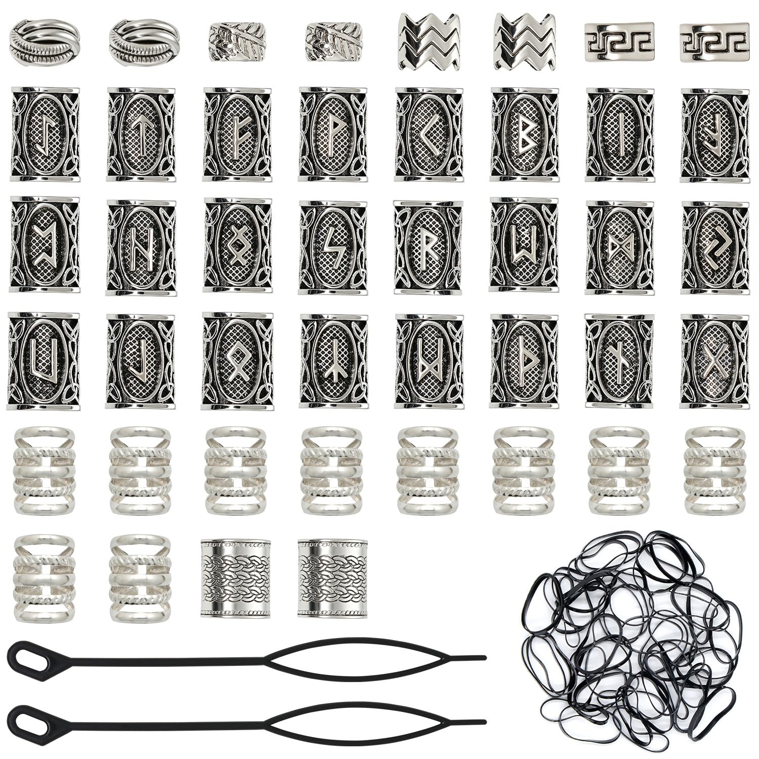 44 Pcs Beard Beads for Men Women, Viking Hair Beads for Braids for Adults, Vikings Runes Dreadlock Beadss, Viking Accessories, Bun Curler Pull Hair Pin Quick Beader, with 50 Rubber Bands, 2 Tools