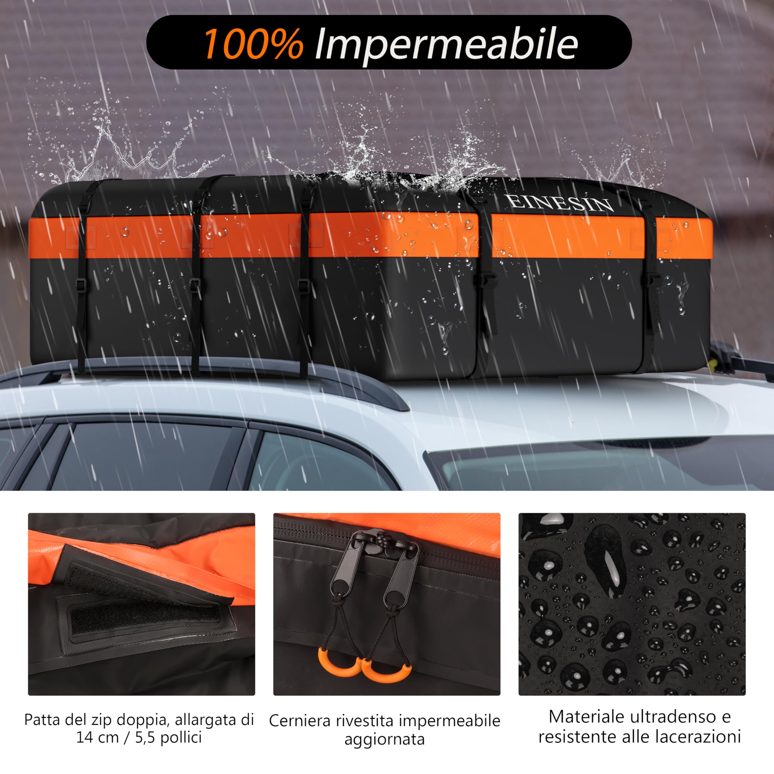 Box da Tetto Auto - Borsa da Tetto Impermeabile Portapacchi Pieghevole con Tappetino Antiscivolo Gancio Porta e Cinghie di Rinforzo, Box Tetto Auto per Auto con/senza Portapacchi (105x90x45cm)