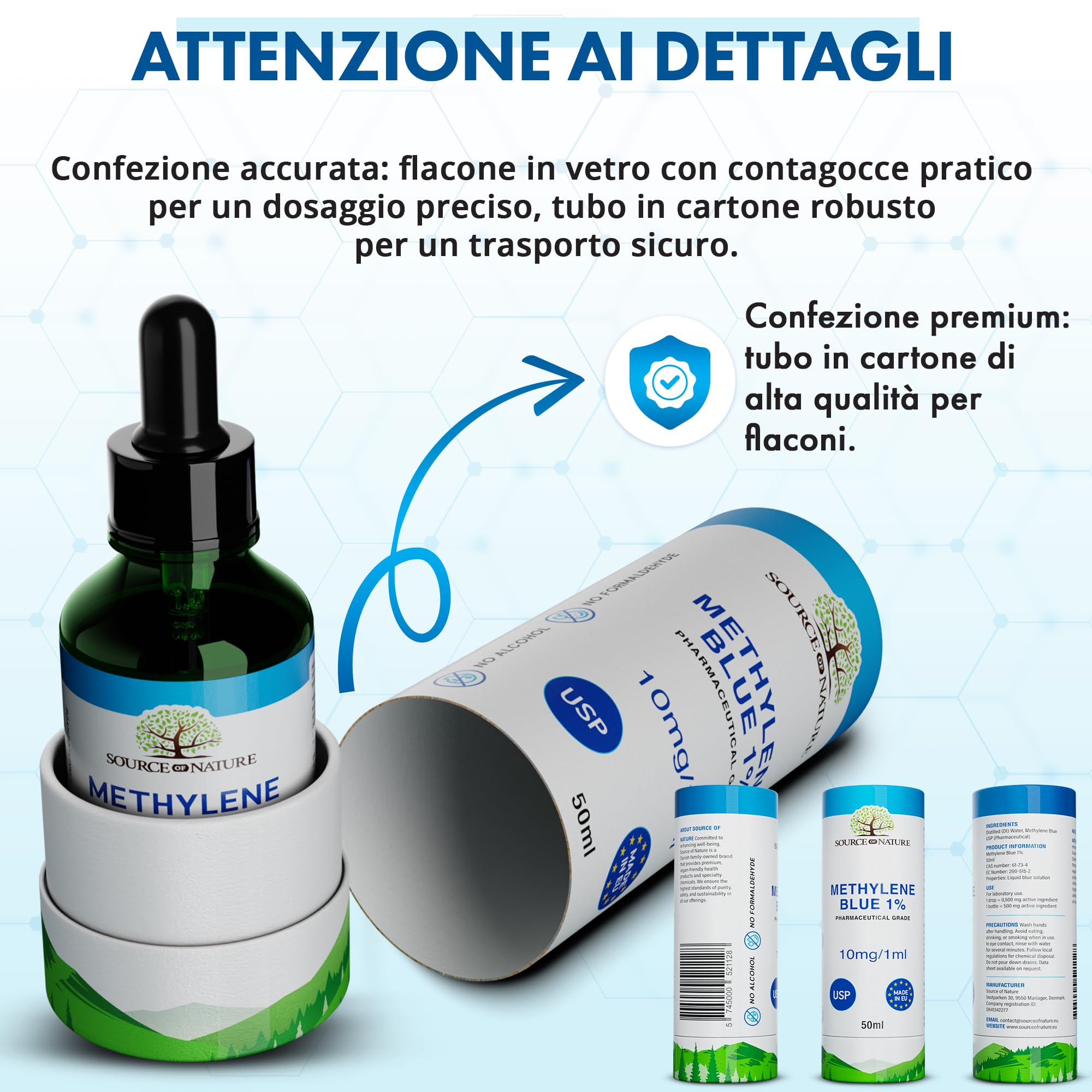 Blu di Metilene (Metilene Blu) 1% Soluzione | 50 ml Flacone con Pipetta | Qualità Farmaceutica USP | Alta Purezza | Senza Alcol e Formaldeide | Vetro Scuro Protettivo